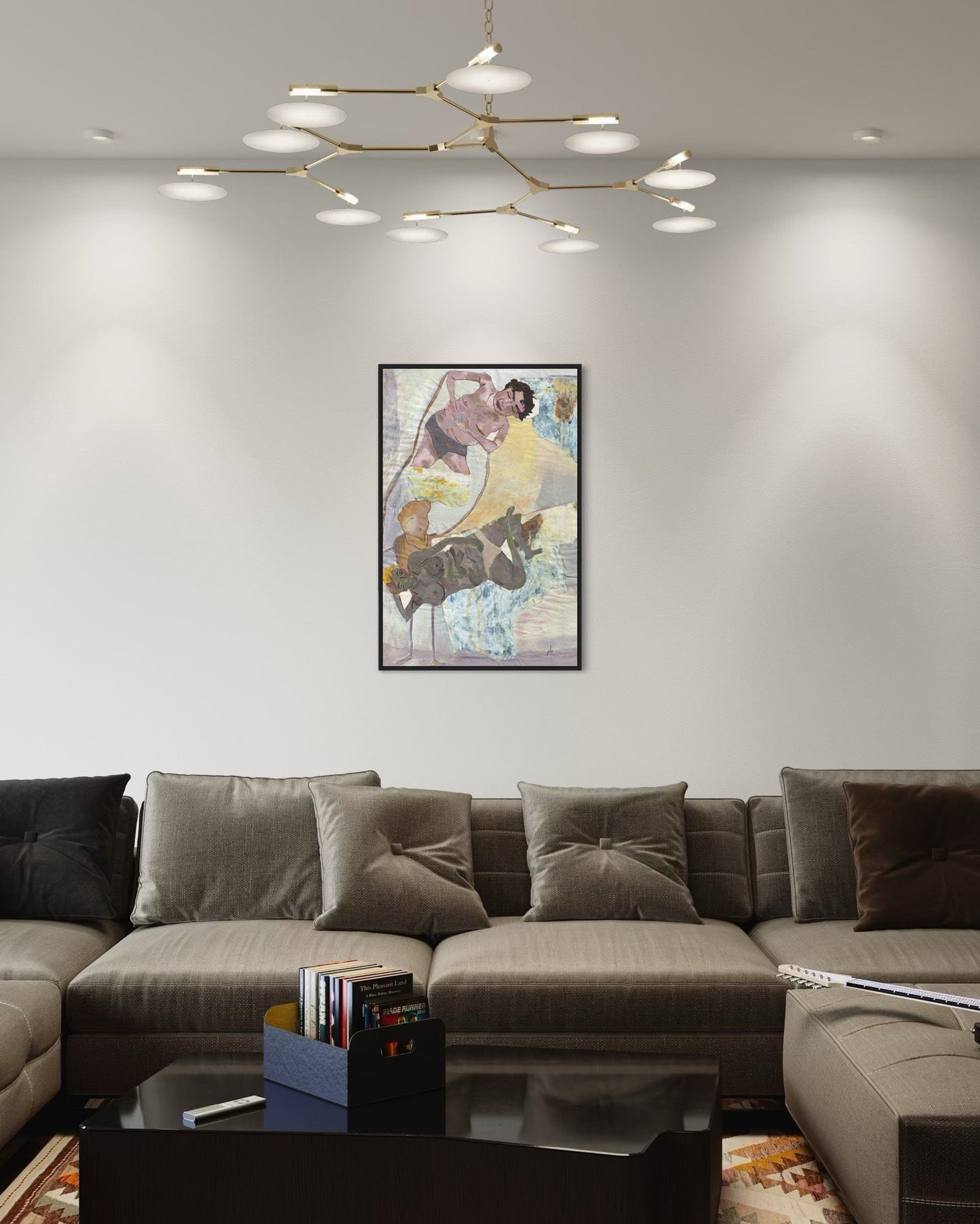 Modern living room with a sectional sofa, coffee table, and wall art.
