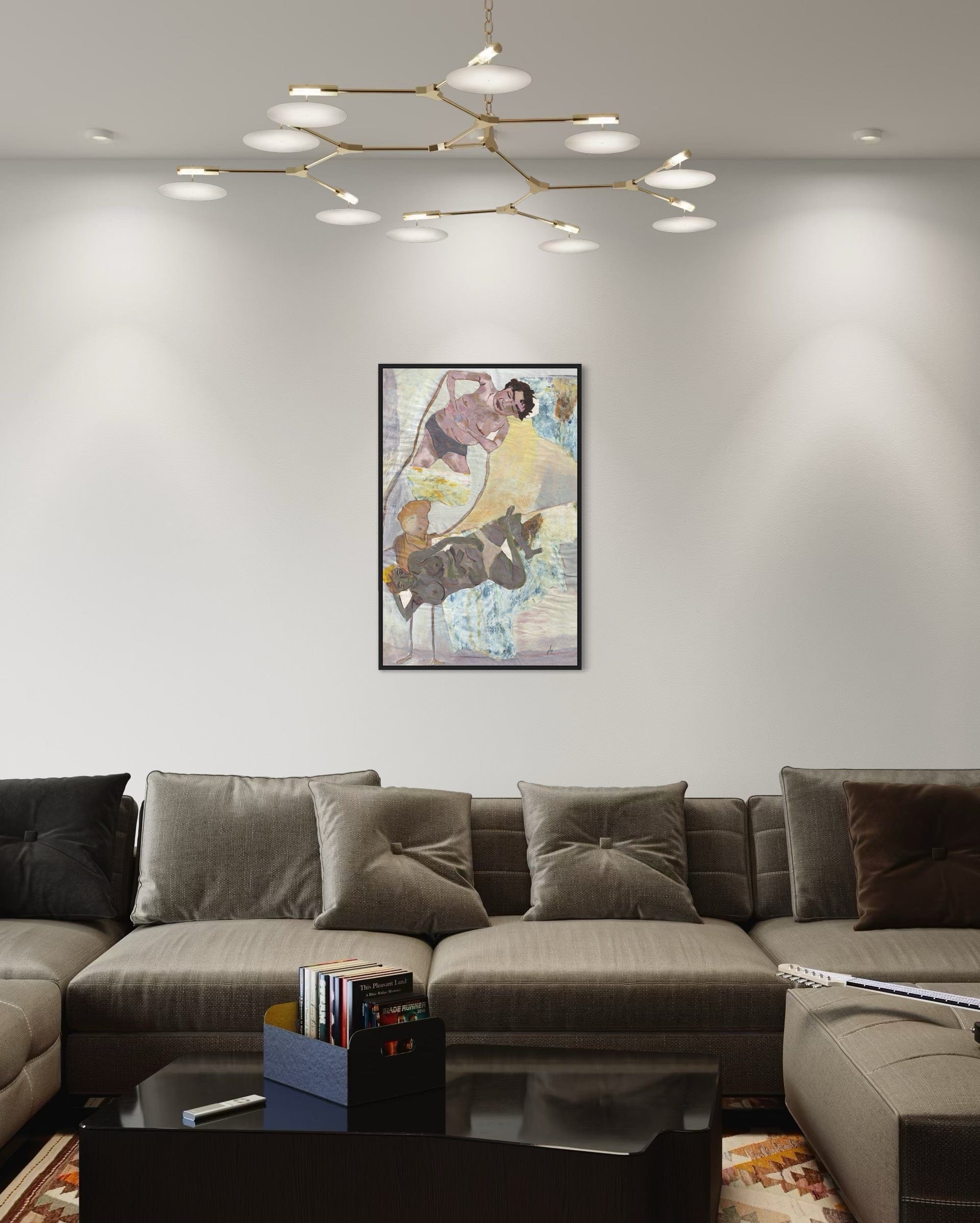Modern living room with a sectional sofa, coffee table, and wall art.