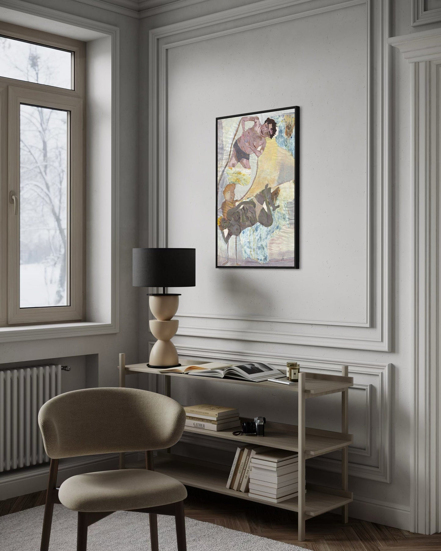 Modern interior with a desk, chair, and wall art in a room with large windows.