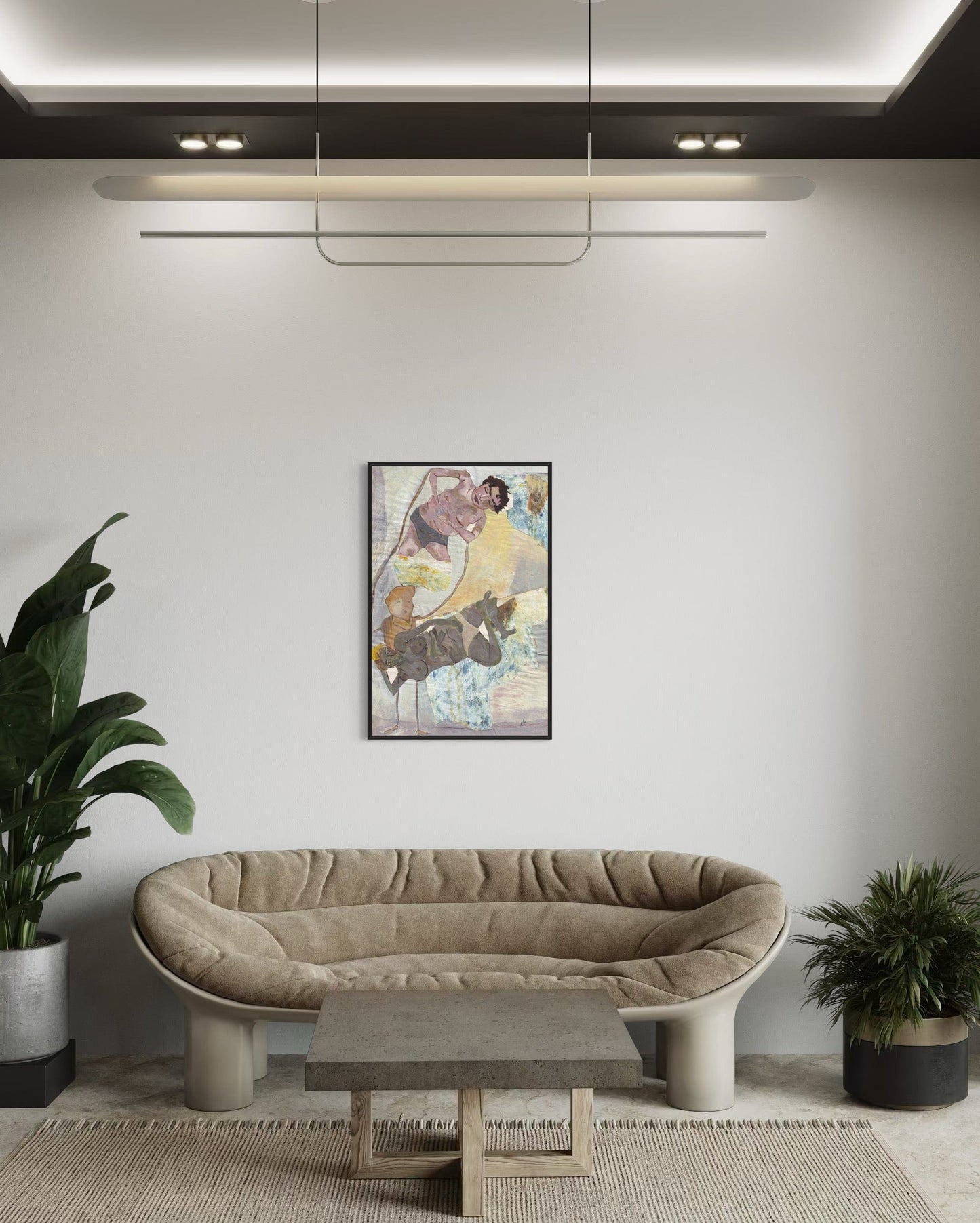 Modern living room with a beige sofa, coffee table, and wall art.