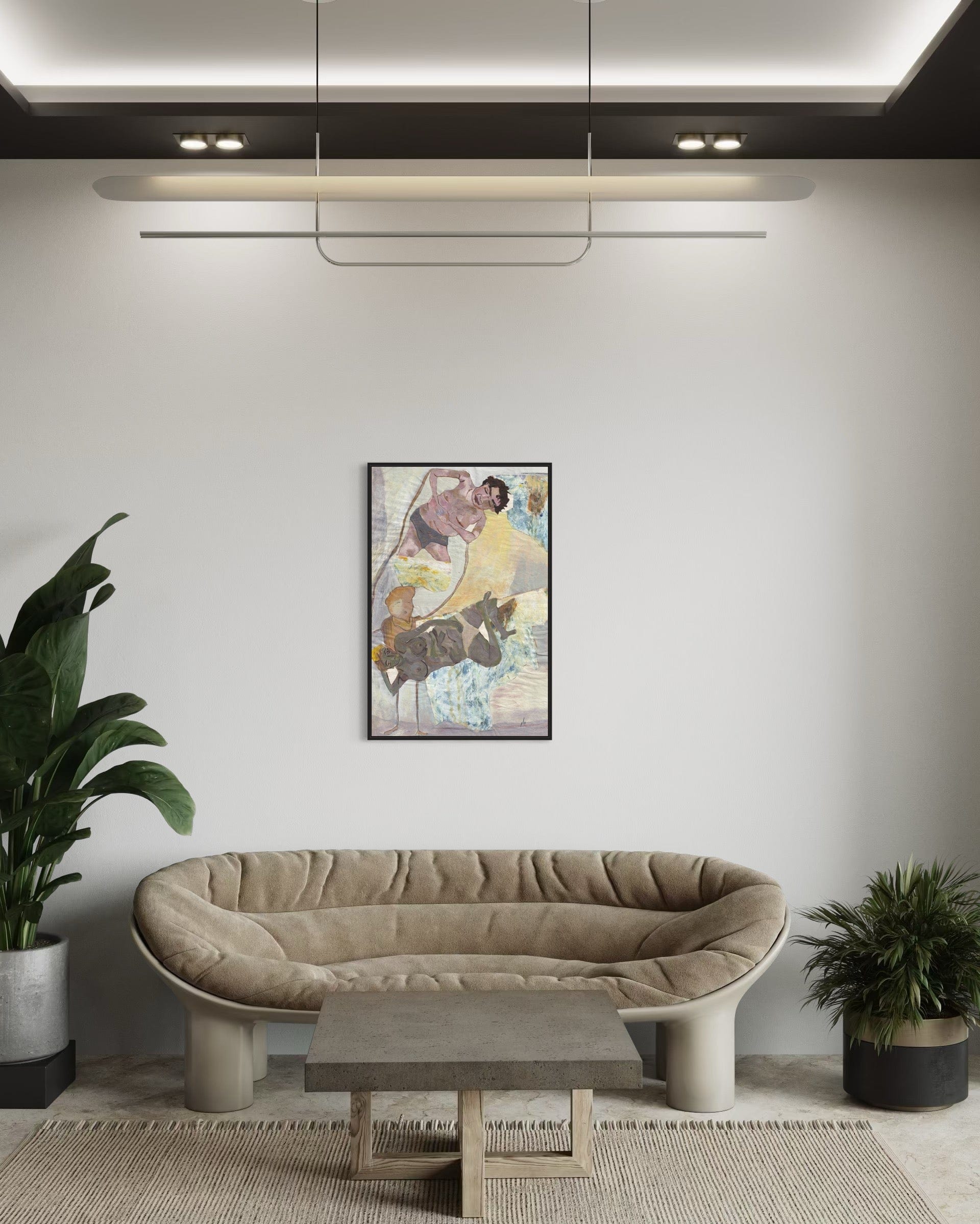 Modern living room with a beige sofa, coffee table, and wall art.