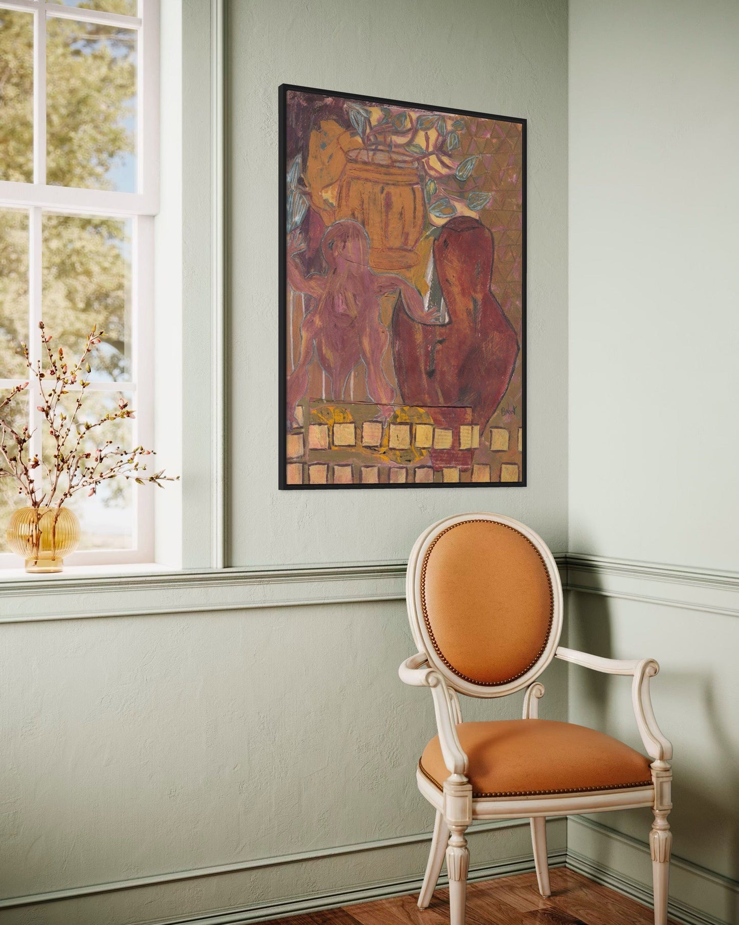 Room interior with a chair, vase of flowers, and framed artwork on a wall.