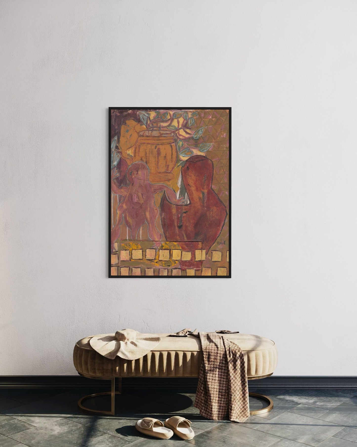 Decorative painting on a wall above a bench with a checkered blanket and shoes.