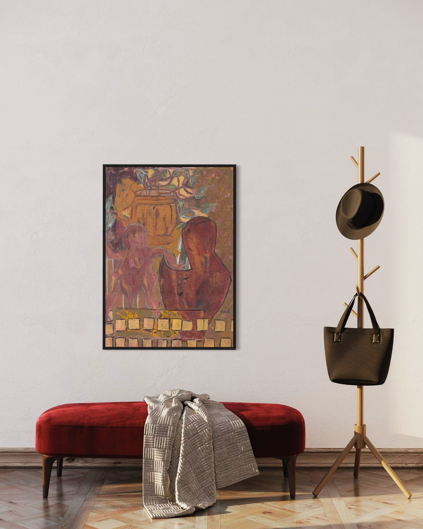 Room interior with a red bench, abstract painting, and coat rack with a bag.