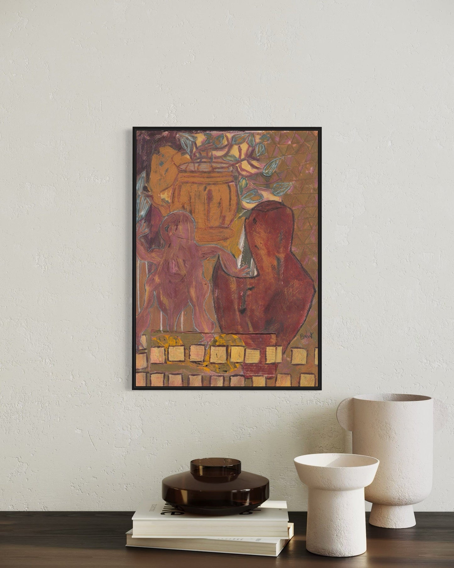 Framed abstract painting on a wall with decorative items on a shelf below.