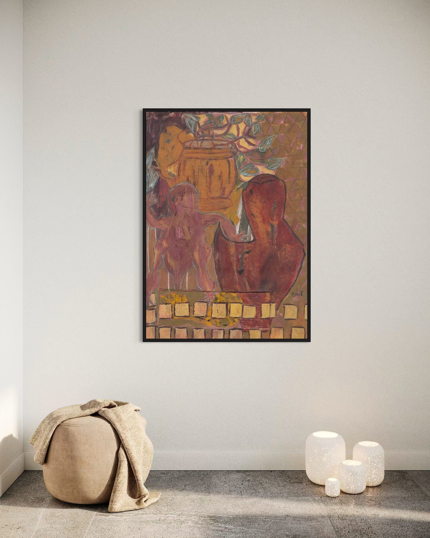 Framed abstract painting on a wall with a textured floor and draped fabric.