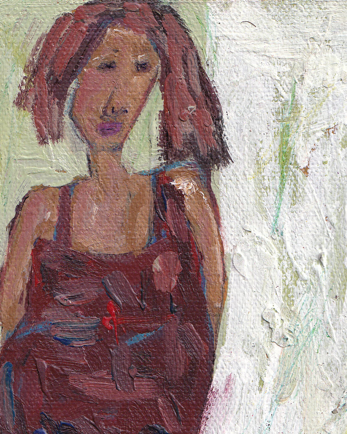 Artistic depiction of a person with red hair and a red dress on a textured white background