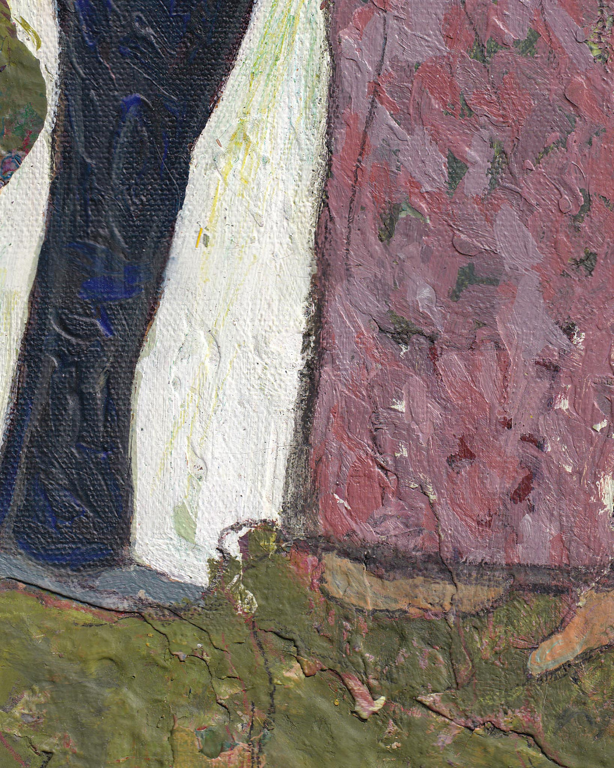 Close-up of a textured painting with visible brush strokes and color blending.