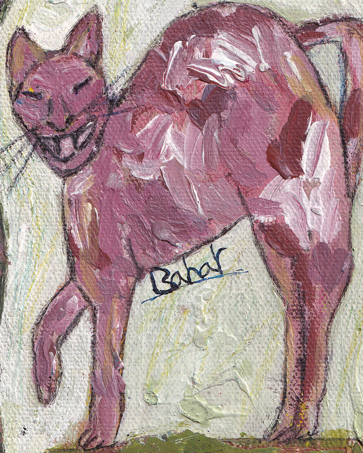 Artistic depiction of a pink panther with a signature on a textured background