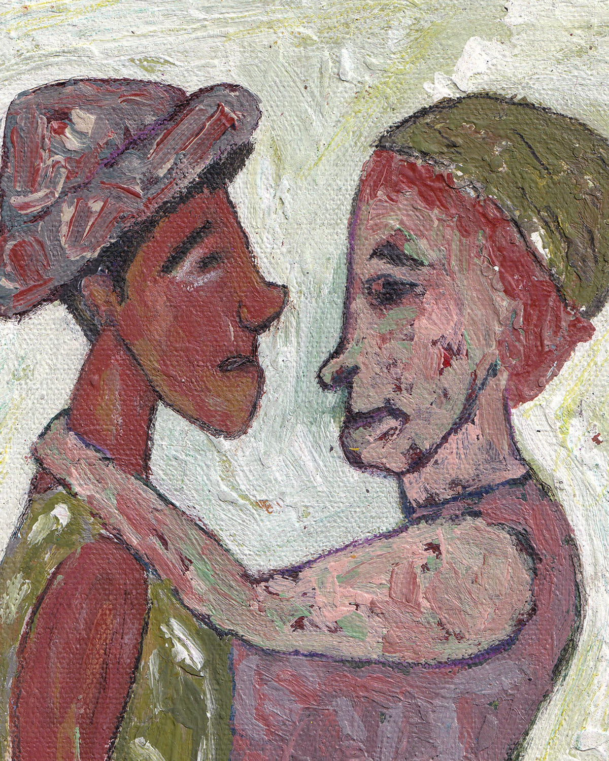 Two figures in a close embrace with textured background