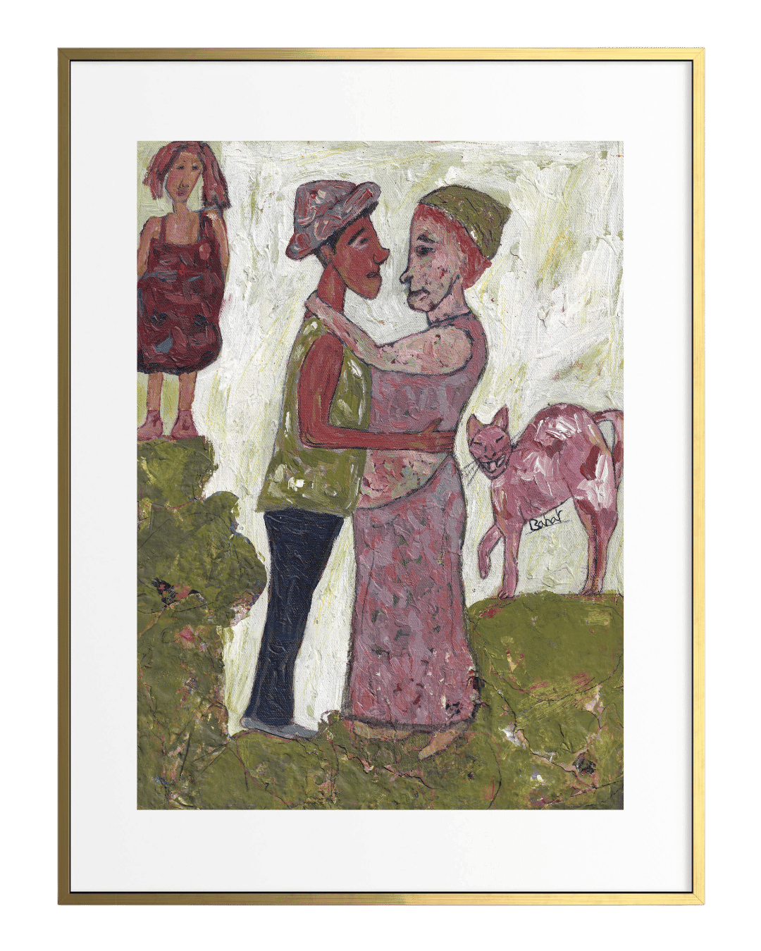 Framed artwork of a couple embracing with a child and dog in the background.