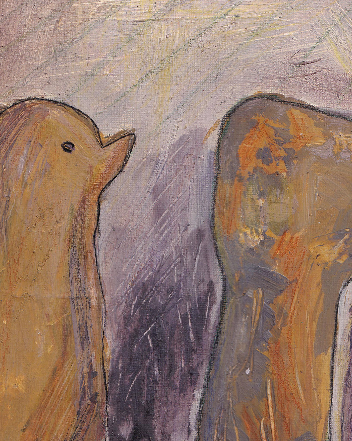 Abstract painting with textured brushstrokes in brown, purple, and orange.
