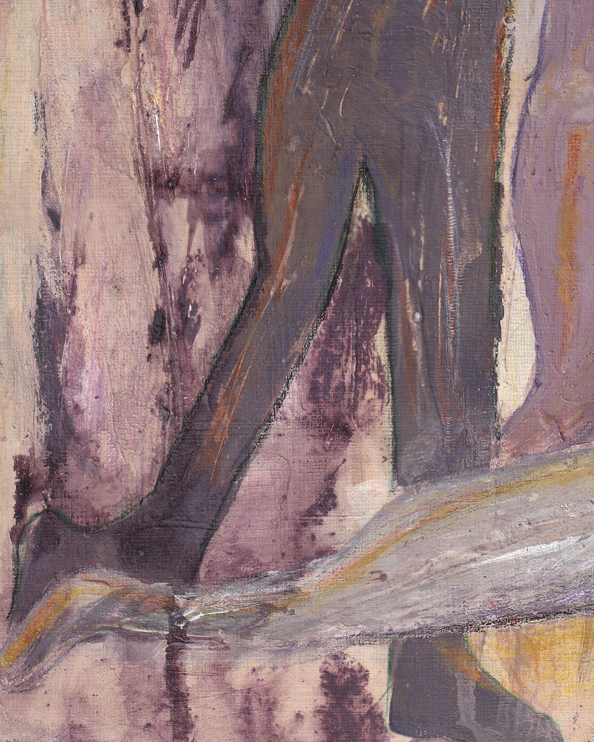 Abstract artwork with textured brushstrokes in shades of purple, brown, and gray.