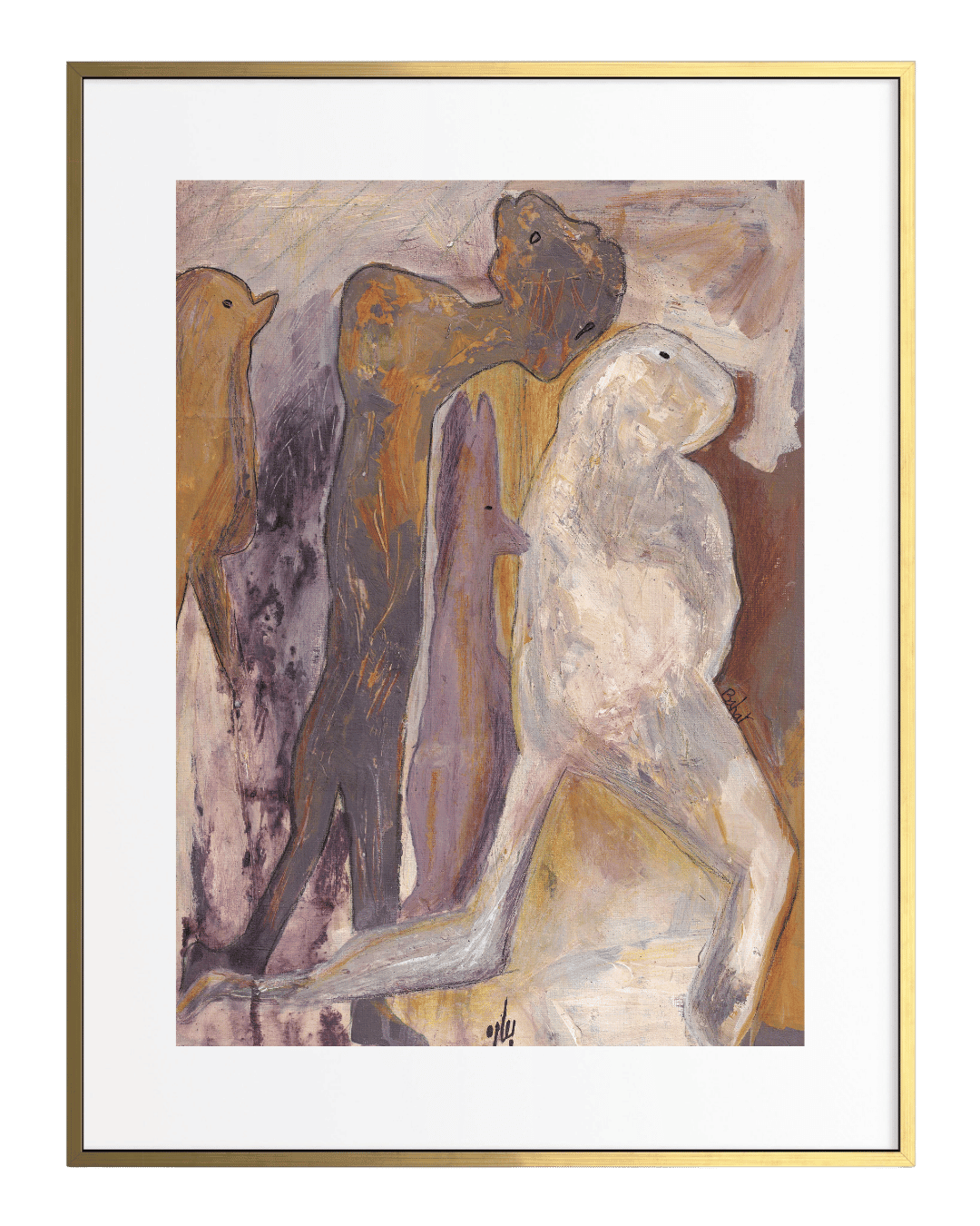 Abstract artwork with three figures in a gold frame