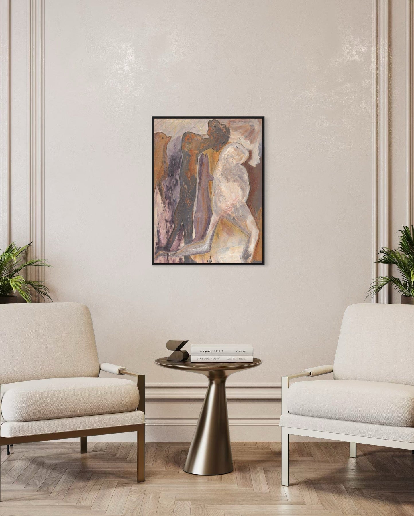 Modern living room with two white chairs, a small round table, and abstract art on the wall.