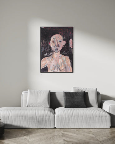 Abstract painting on a wall above a modern sofa