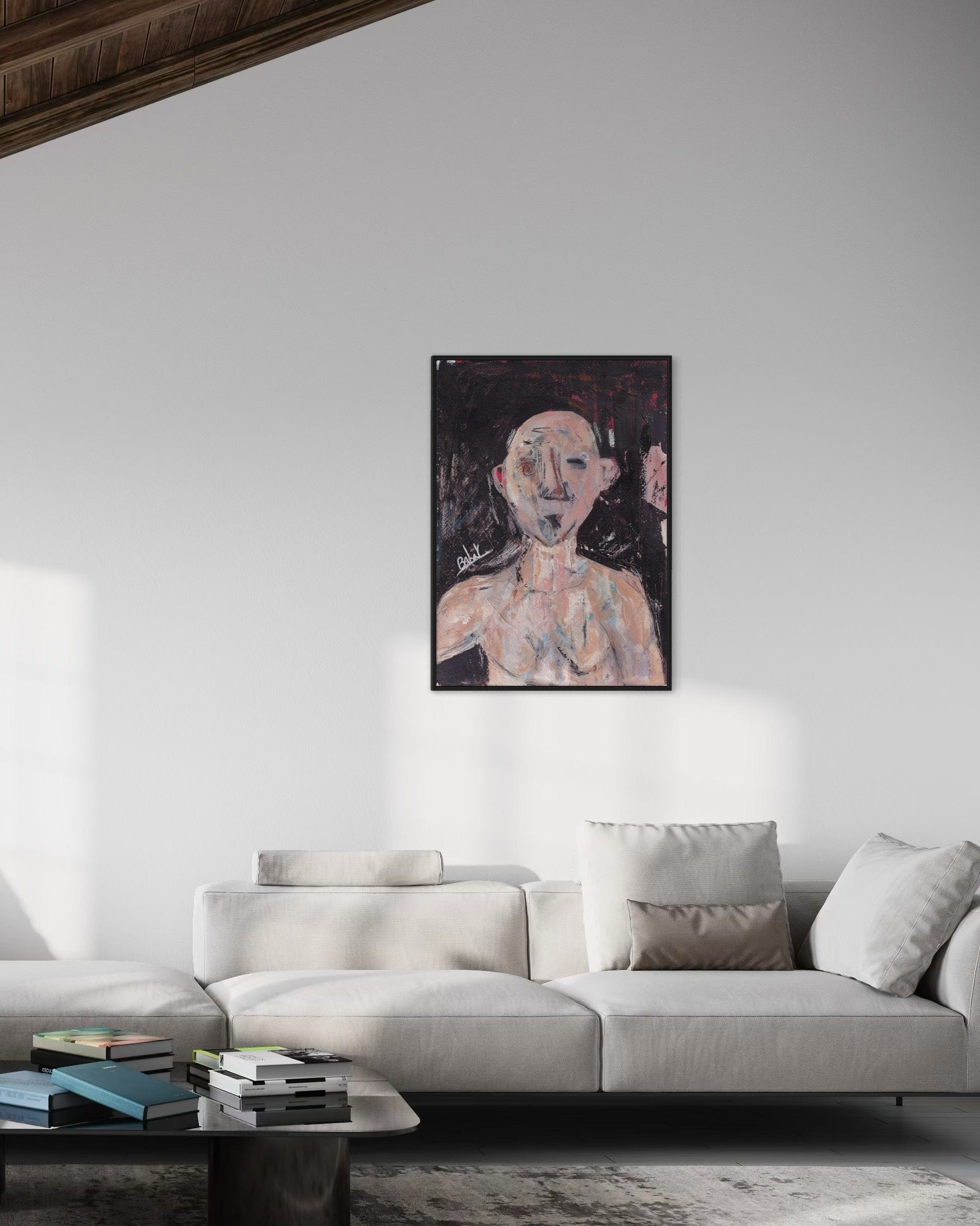 Modern living room with a gray sofa and abstract painting on the wall.