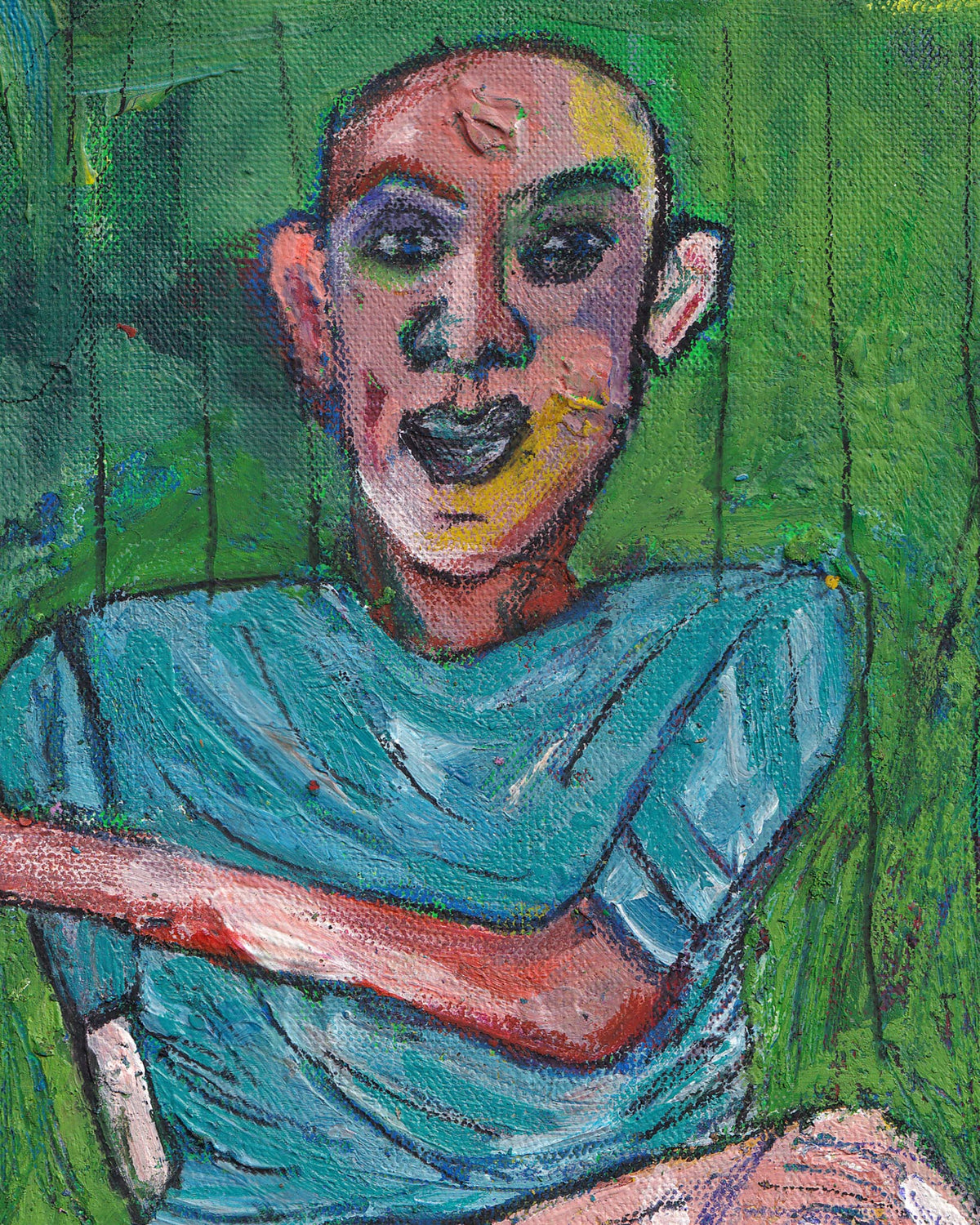 Artistic depiction of a person with a blue shirt against a green background