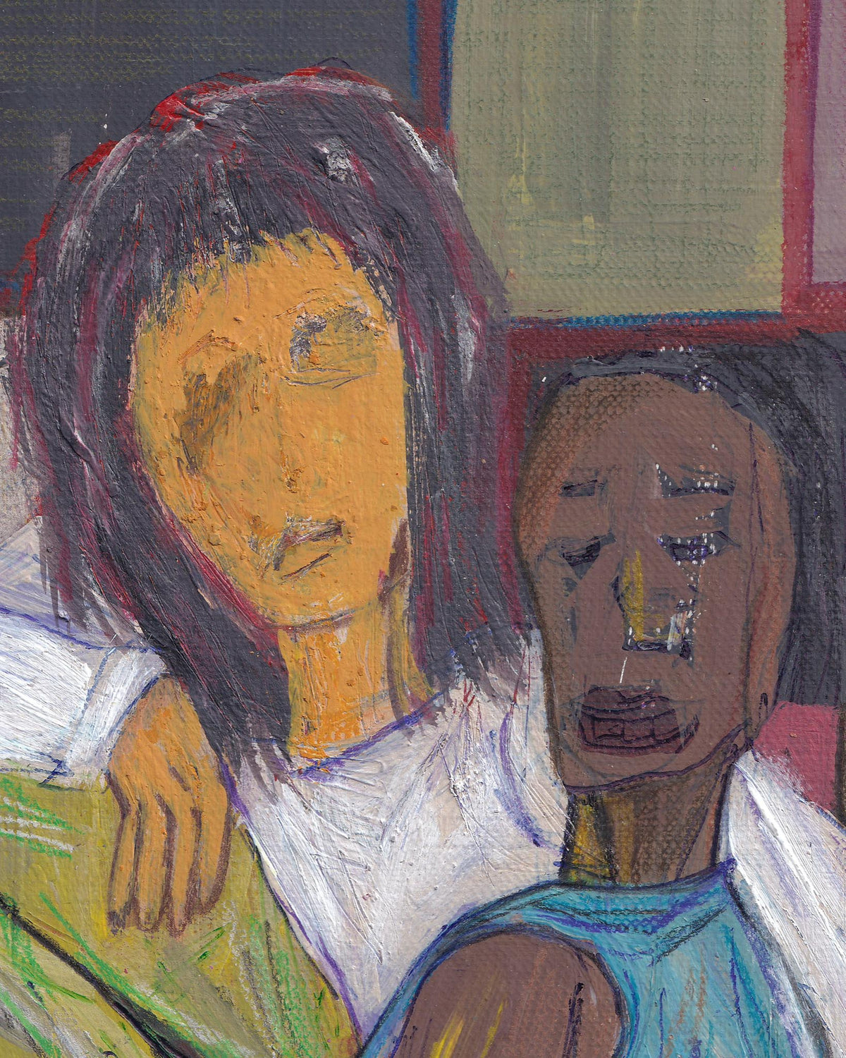 Abstract painting of two figures with a focus on their faces.