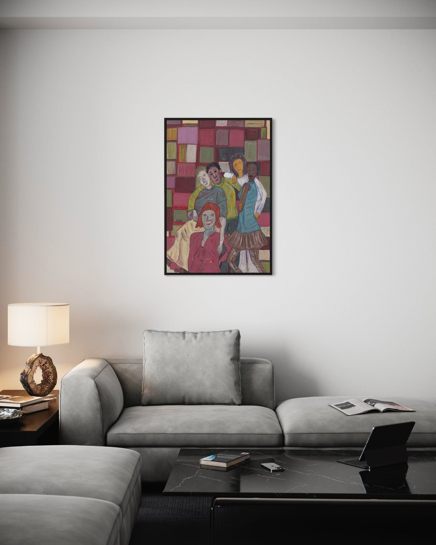 Colorful abstract art piece on a wall above a gray sofa in a living room.