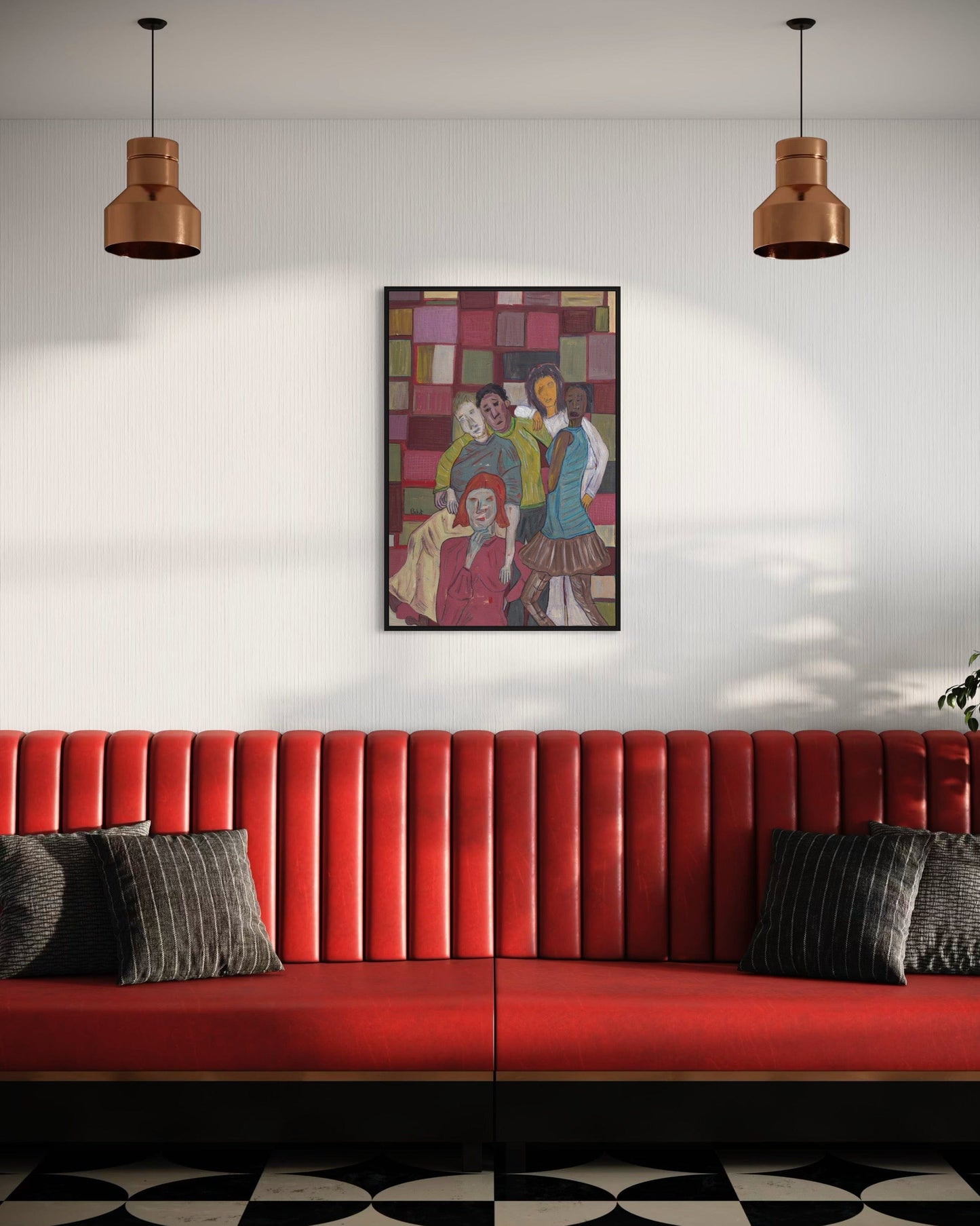 Red sofa with gray cushions in a room with a colorful abstract painting on the wall.