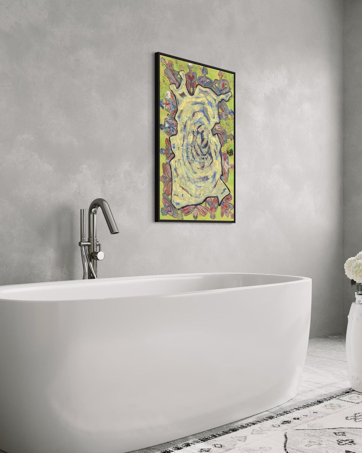Bathroom with a white freestanding bathtub and a colorful abstract painting on the wall.