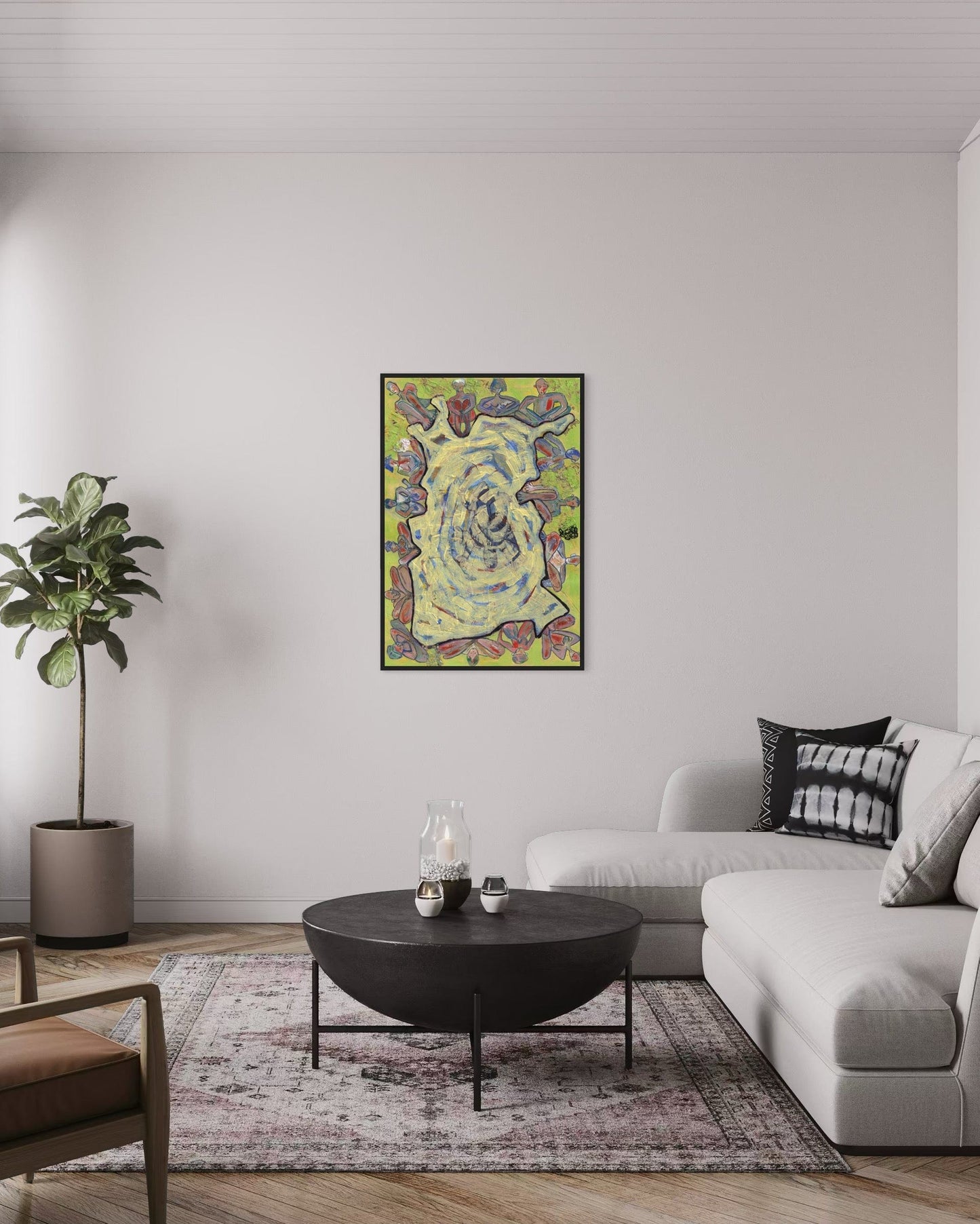 Living room with a modern sofa, coffee table, and a colorful abstract painting on the wall.