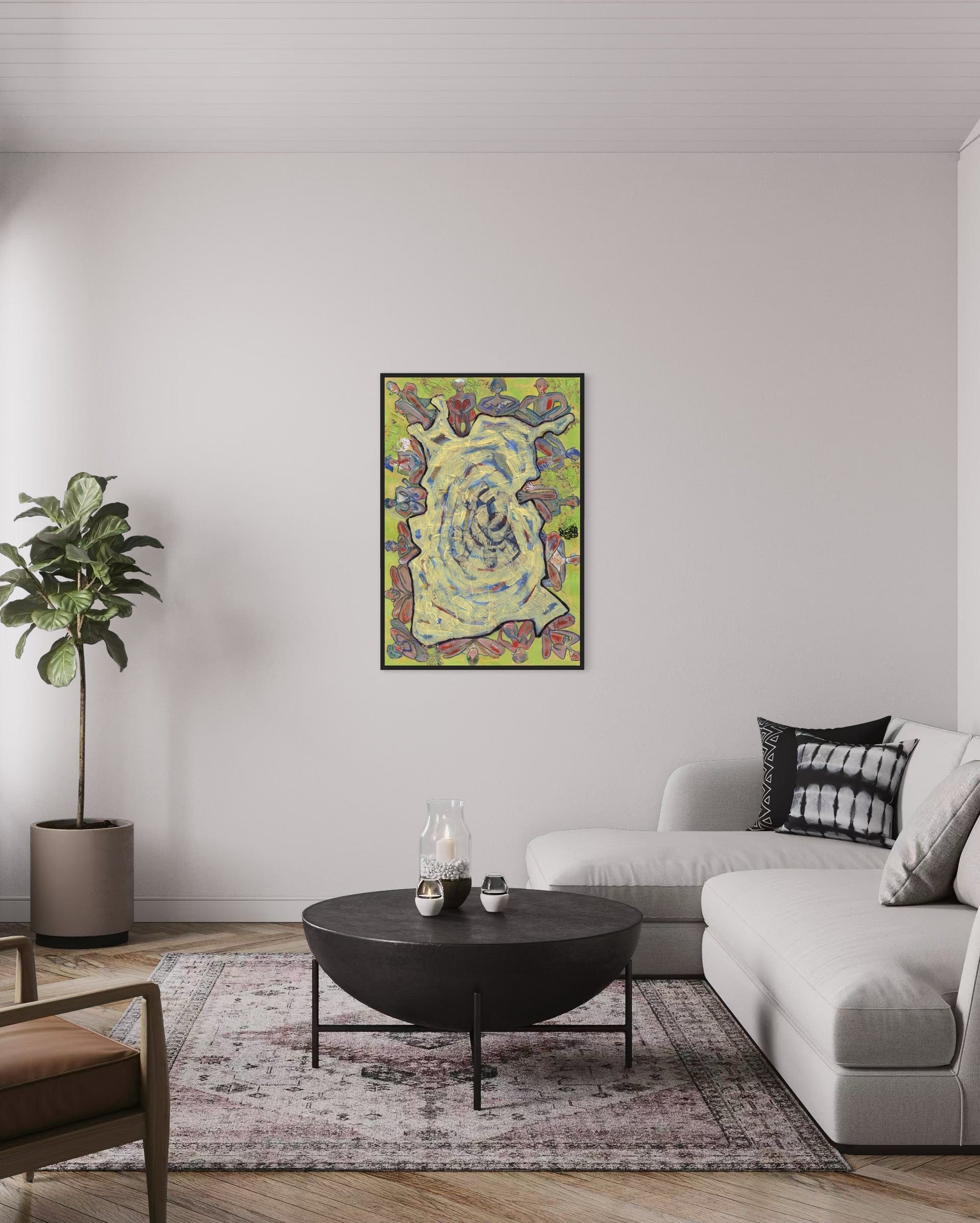Living room with a modern sofa, coffee table, and a colorful abstract painting on the wall.