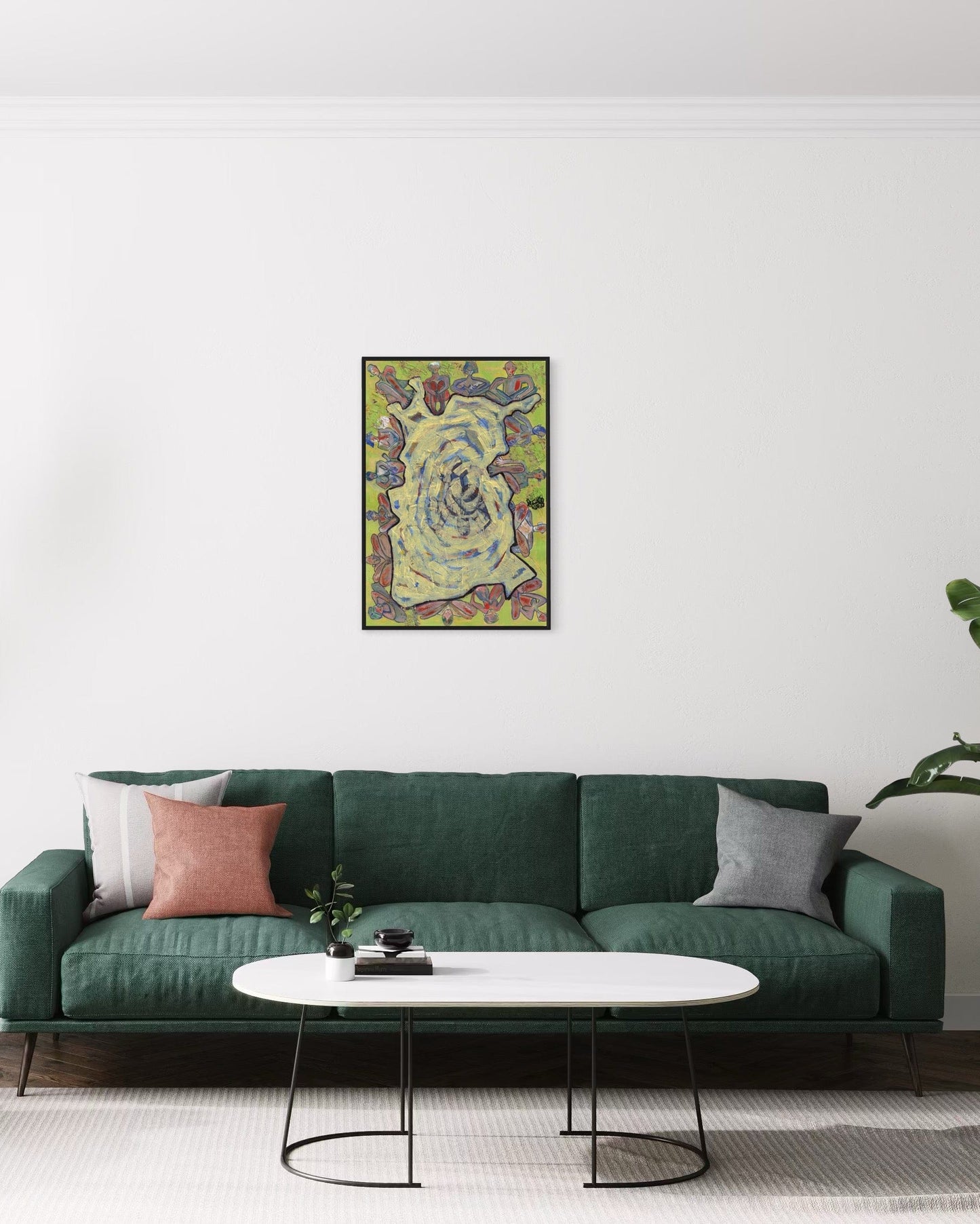 Green sofa with decorative pillows in a living room setting, featuring a colorful abstract painting on the wall.