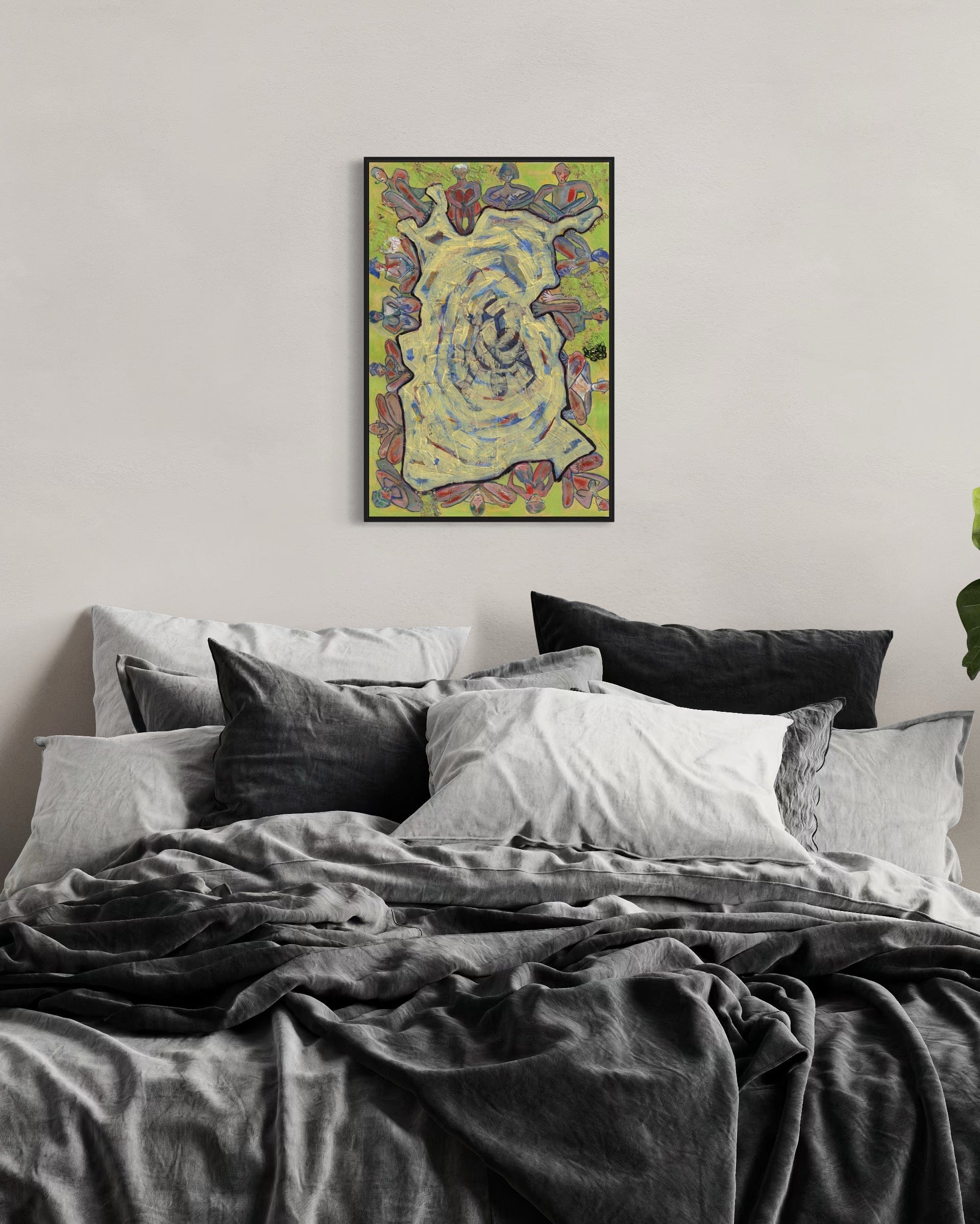 Bedroom with a colorful abstract painting on the wall above the bed.