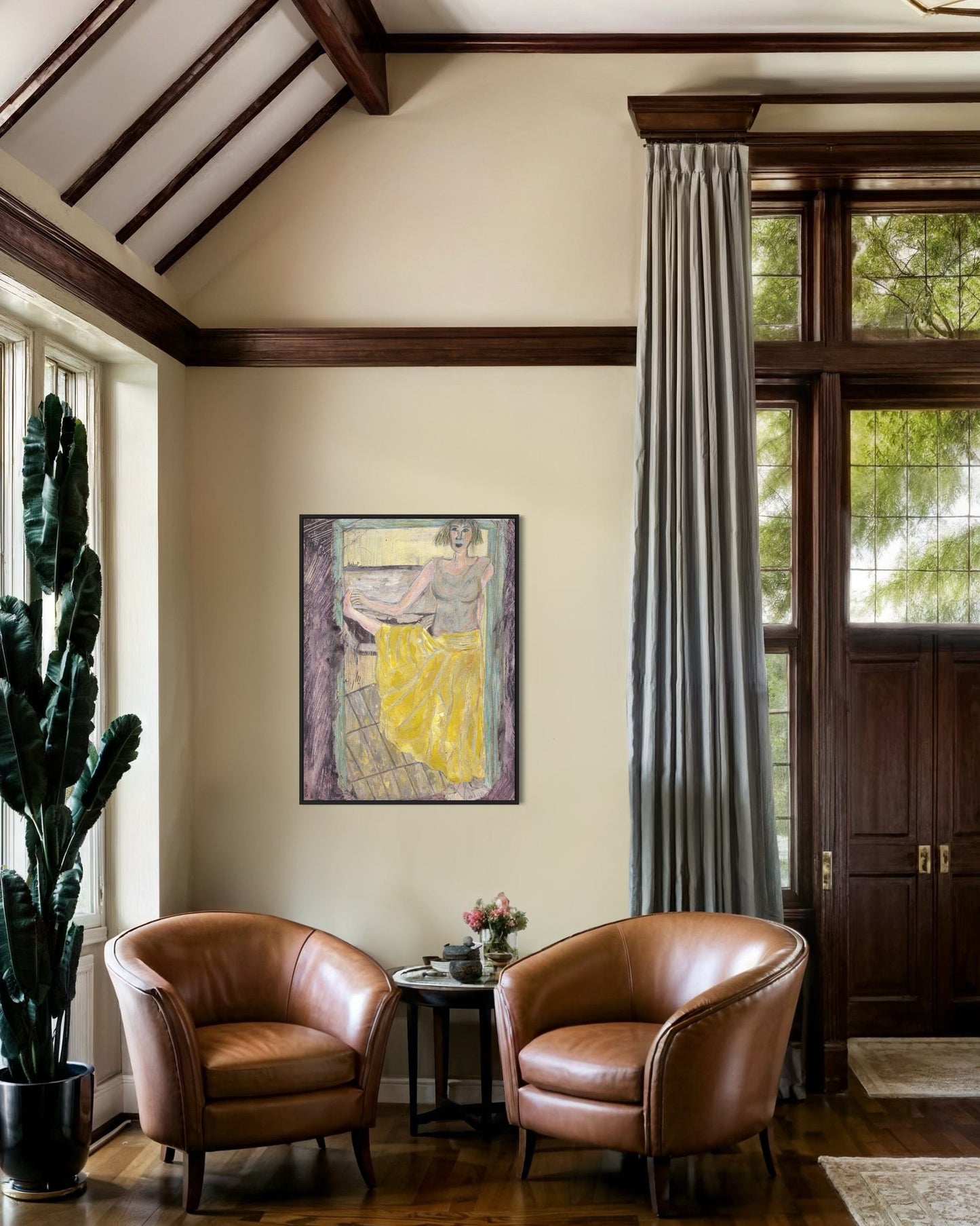 Living room with two brown leather chairs, a small table with a plant, and a colorful painting on the wall.