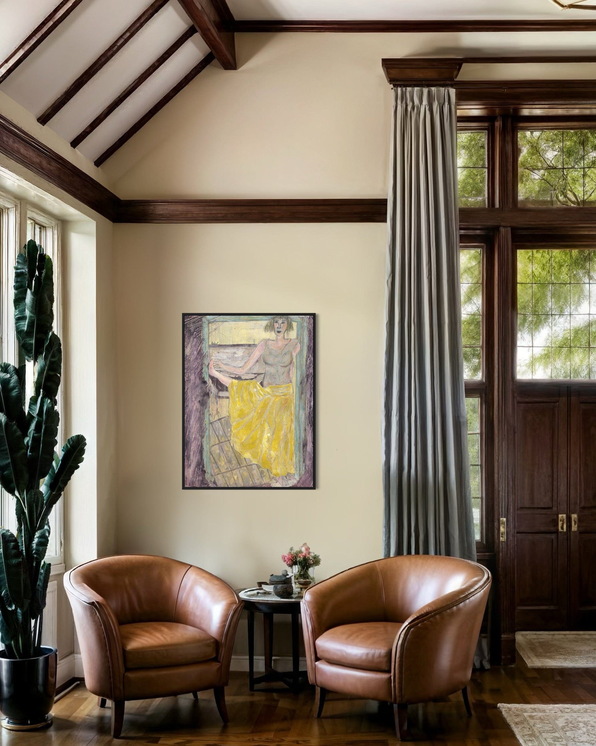 Living room with two brown leather chairs, a small table with a plant, and a colorful painting on the wall.