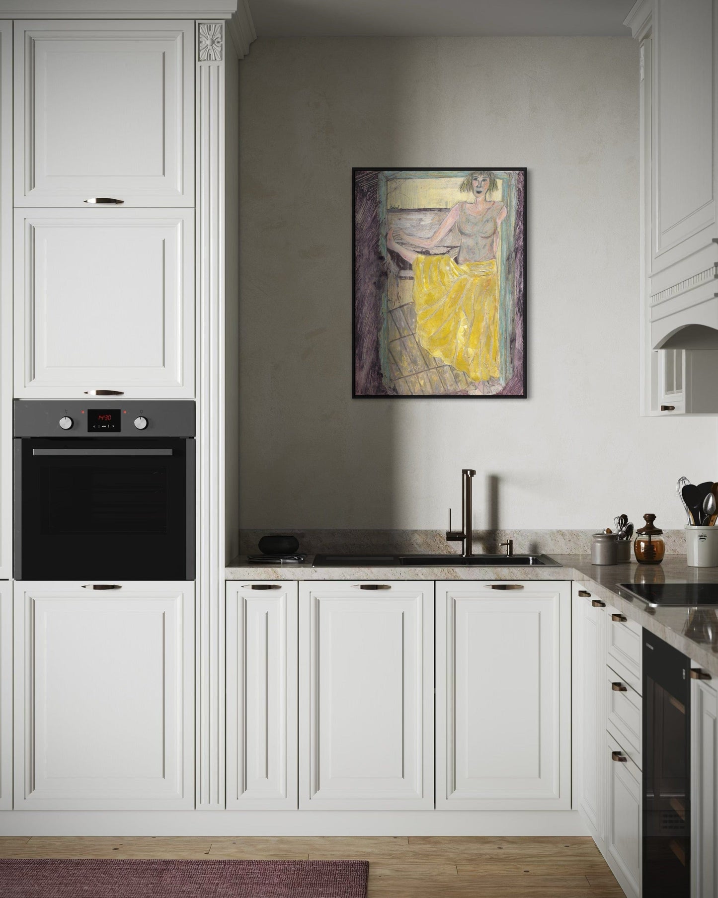 Modern kitchen with white cabinets, black appliances, and a abstract painting on the wall.