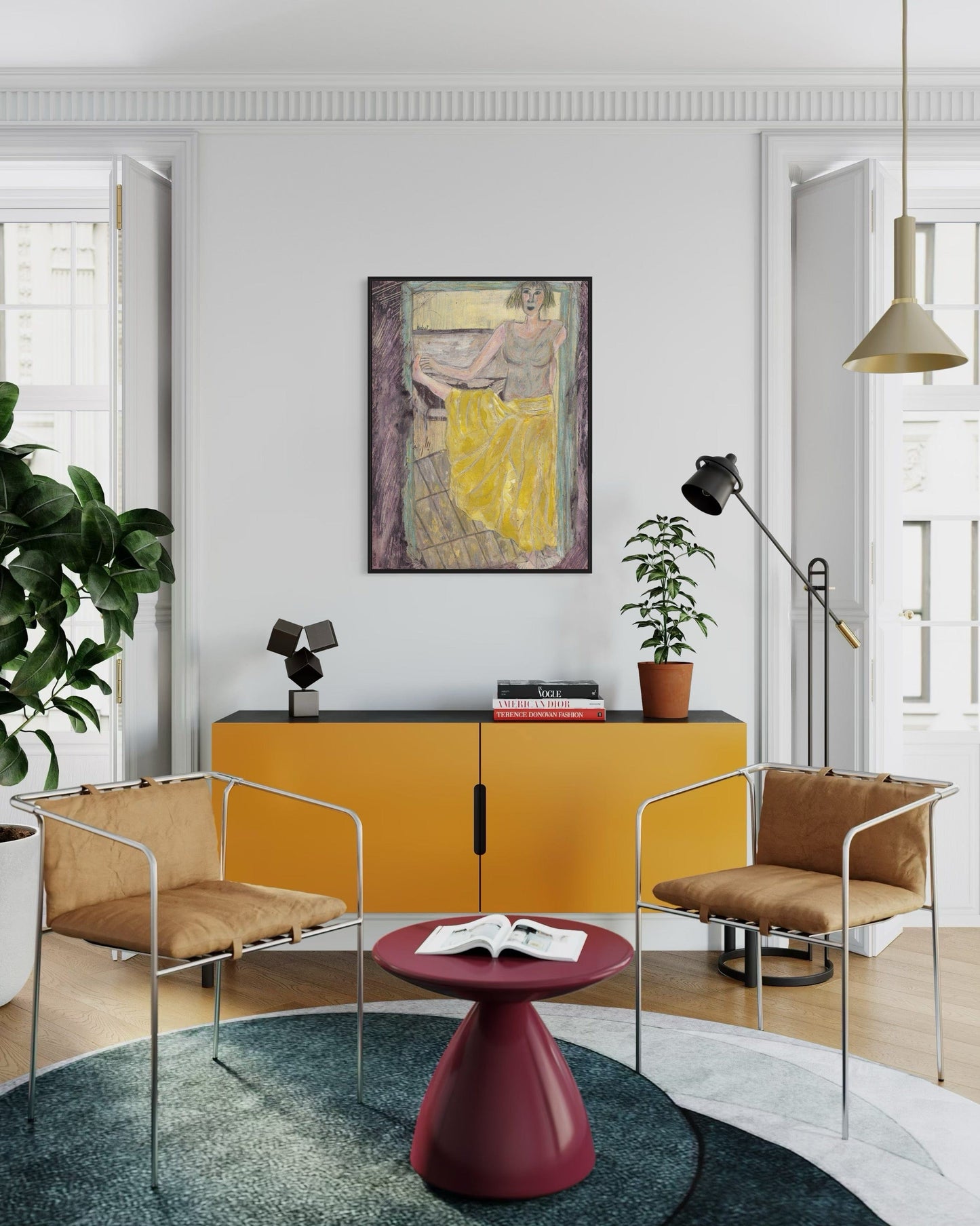 Modern living room with yellow cabinet, brown chairs, and a red table.