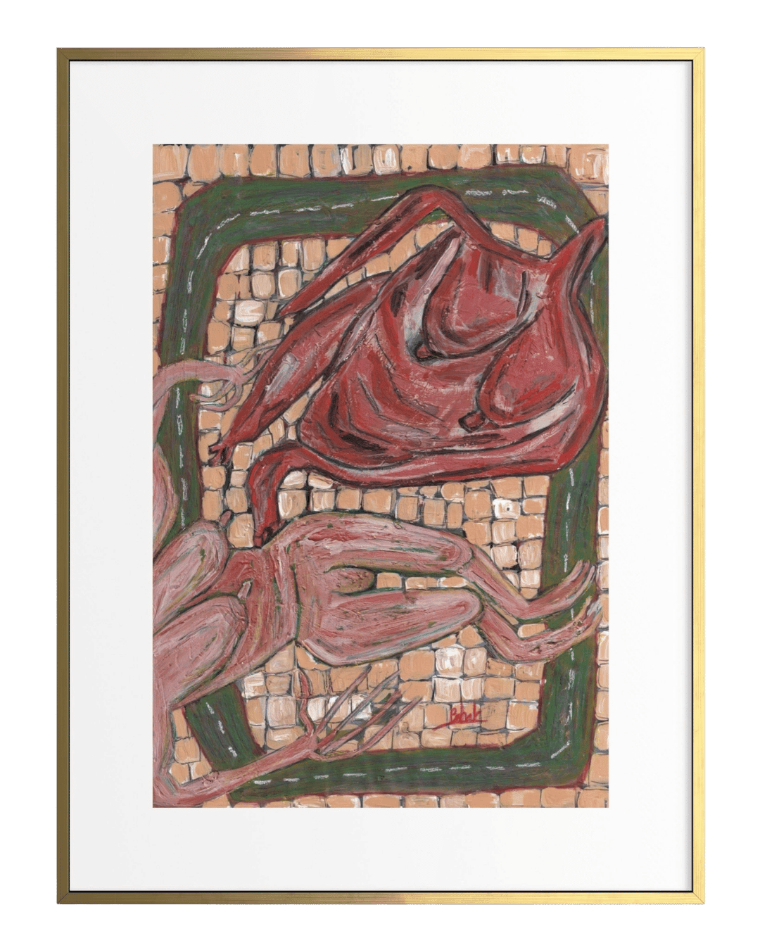Artistic depiction of a red flower with green leaves on a mosaic background