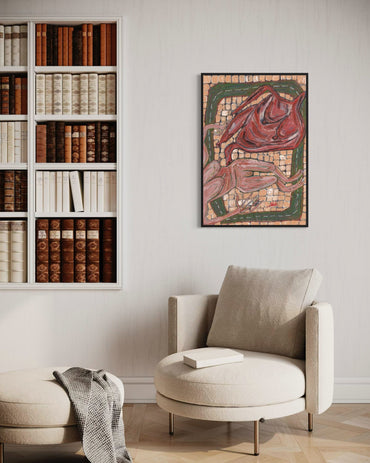 Modern interior with a bookshelf, armchair, and abstract artwork on the wall.