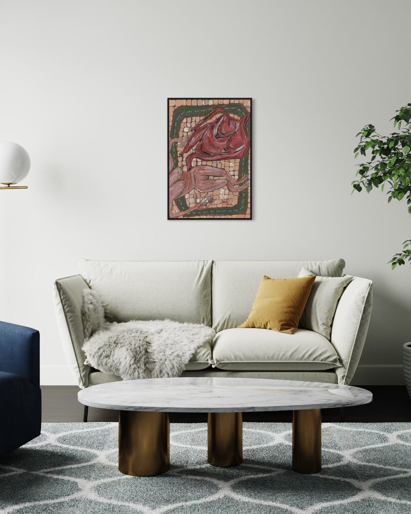 Living room with a gray sofa, marble coffee table, and decorative wall art.