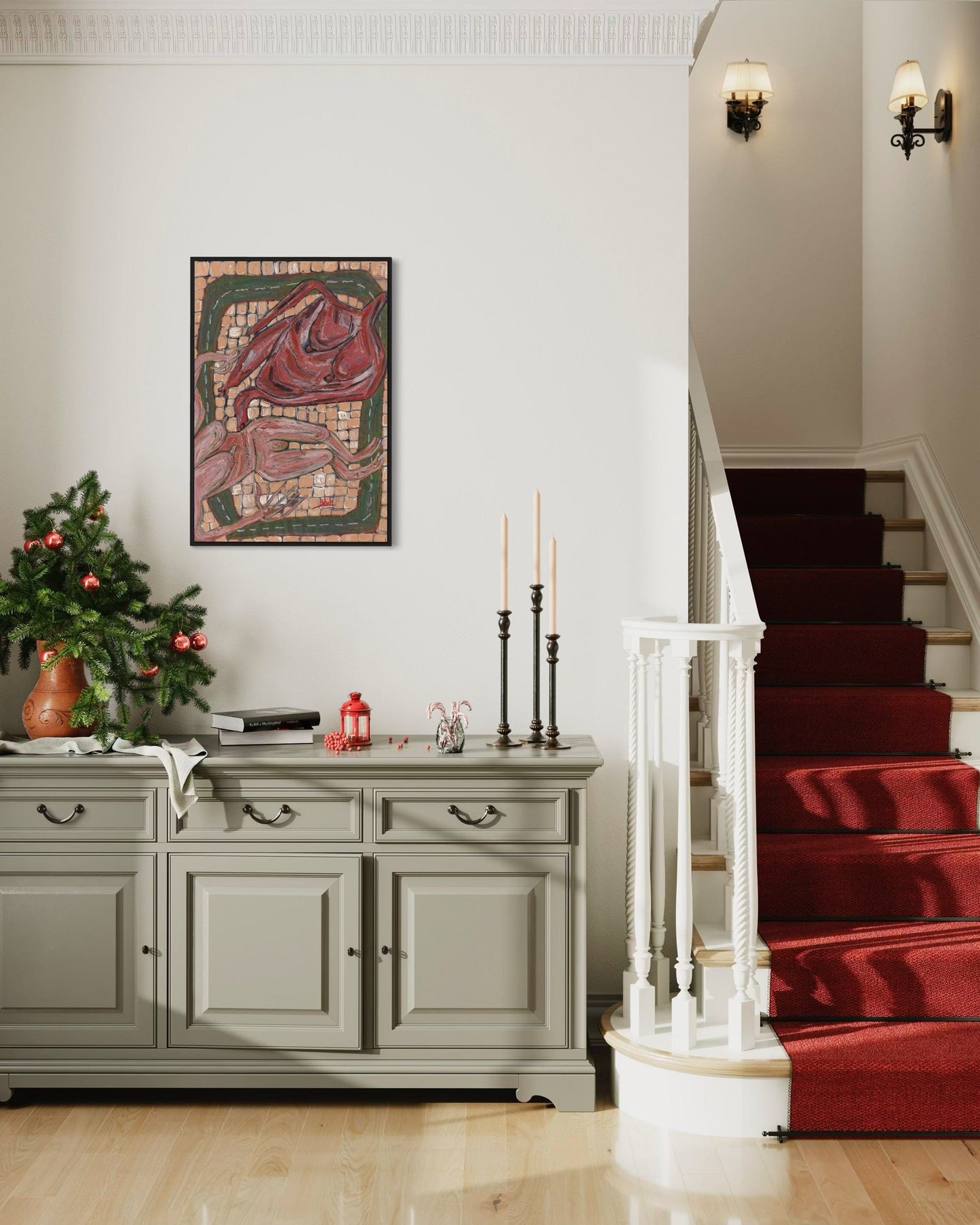 Staircase with red carpeting and a sideboard with decorative items in a home setting.