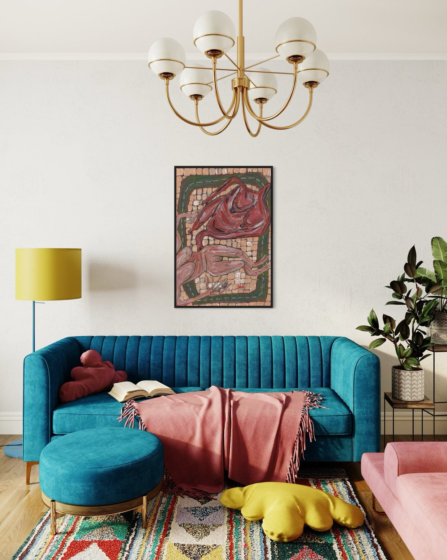 Living room with a blue sofa, pink chair, and colorful rug.