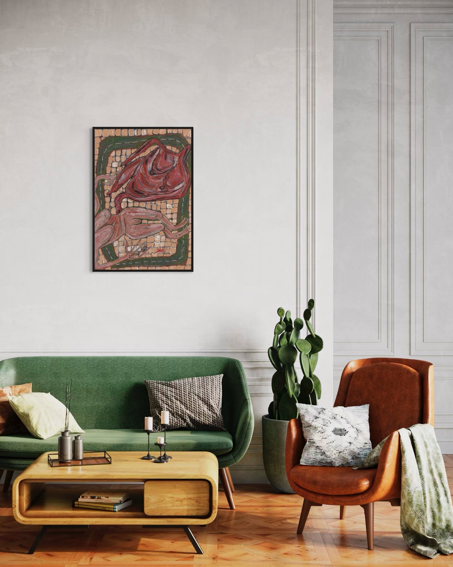 Living room with green sofa, wooden coffee table, and brown armchair.