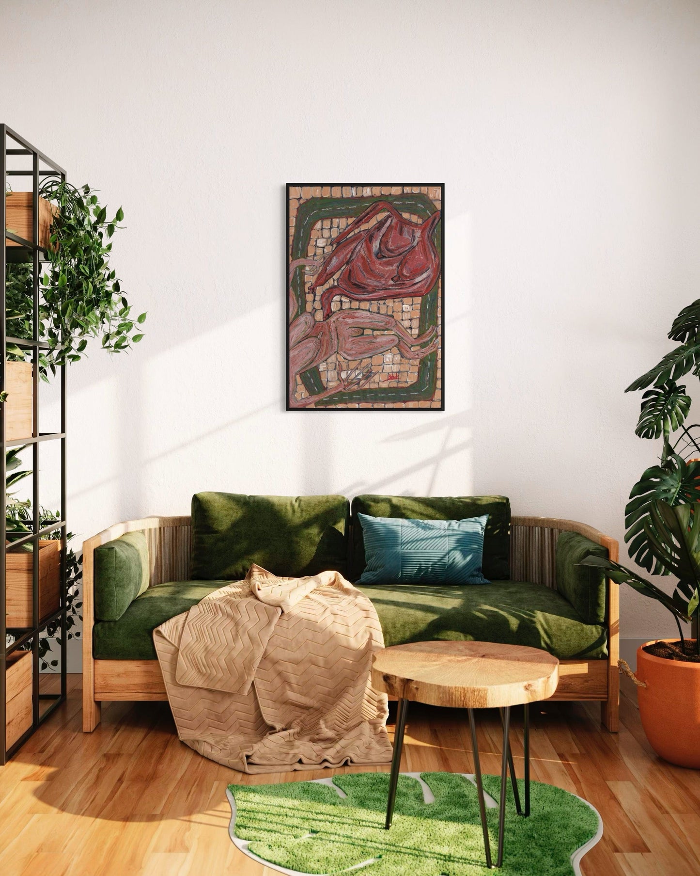 Modern living room with a green sofa, wooden coffee table, and decorative rug.