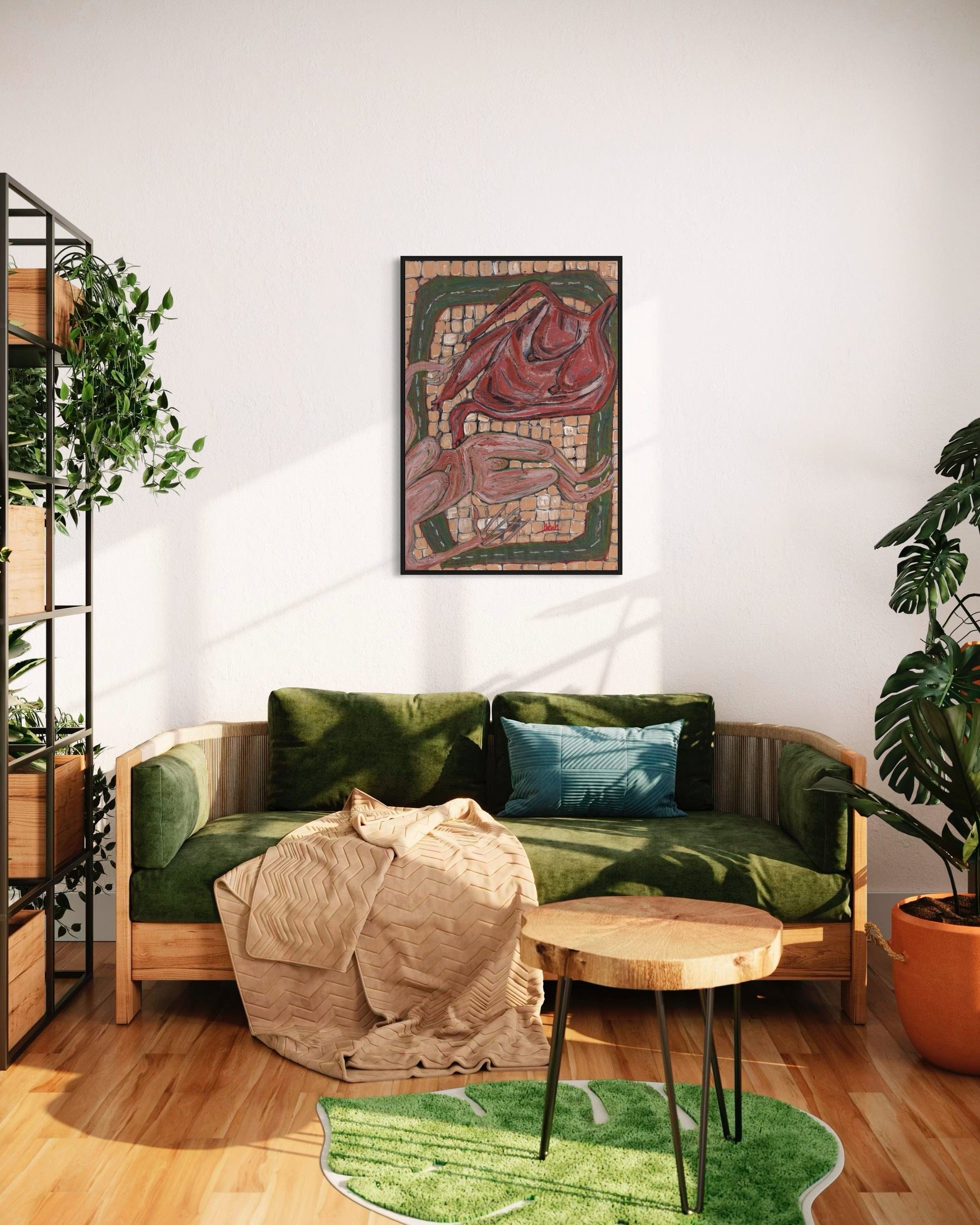 Modern living room with a green sofa, wooden coffee table, and decorative rug.