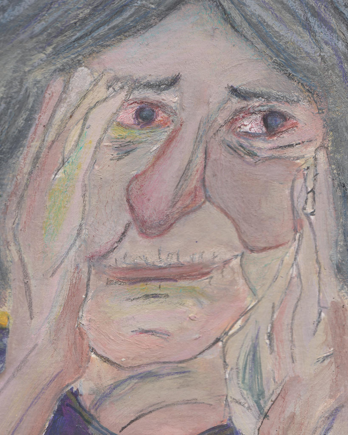 Abstract artwork of a face with hands covering eyes