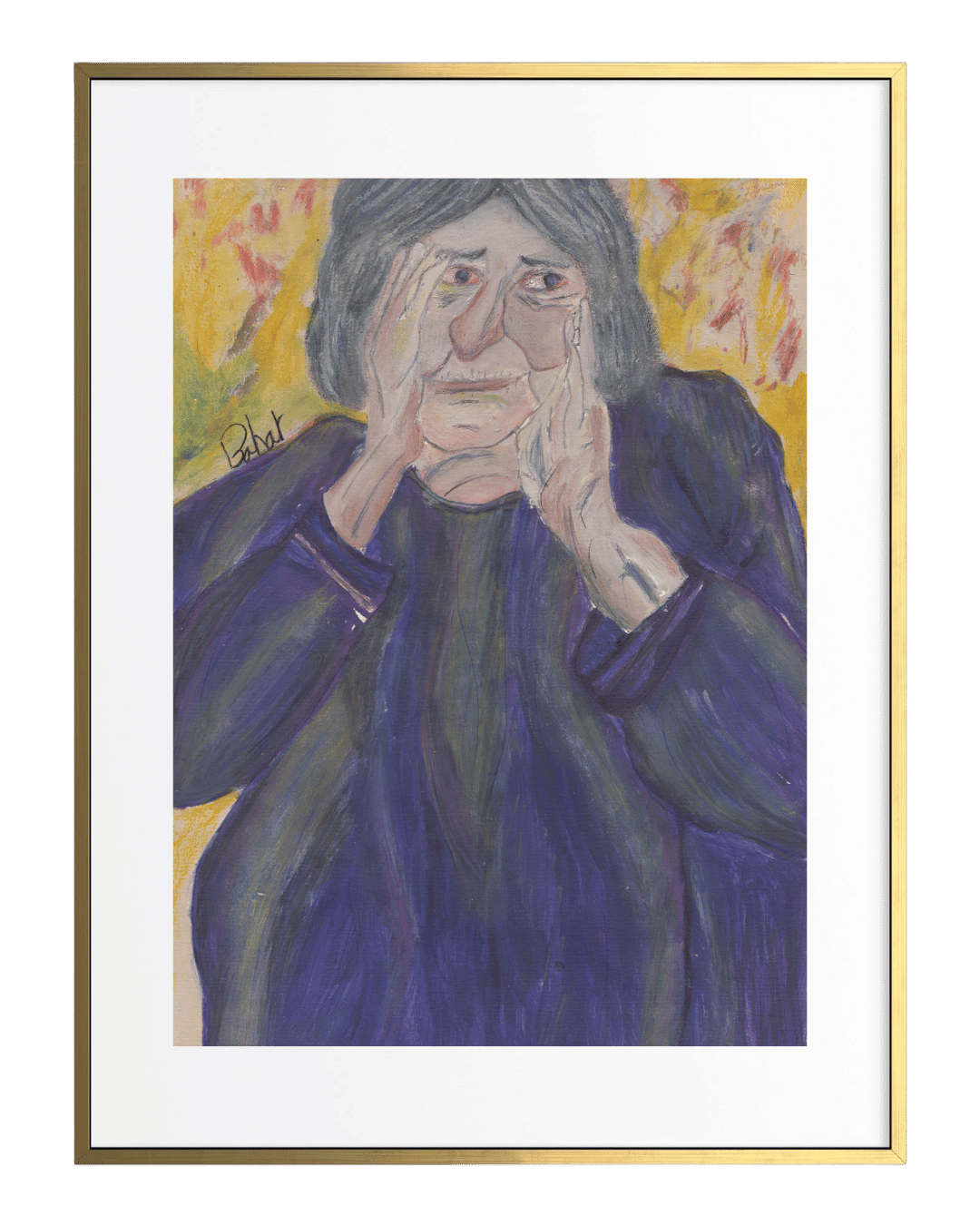Framed artwork of a person with hands covering their face against a colorful background.
