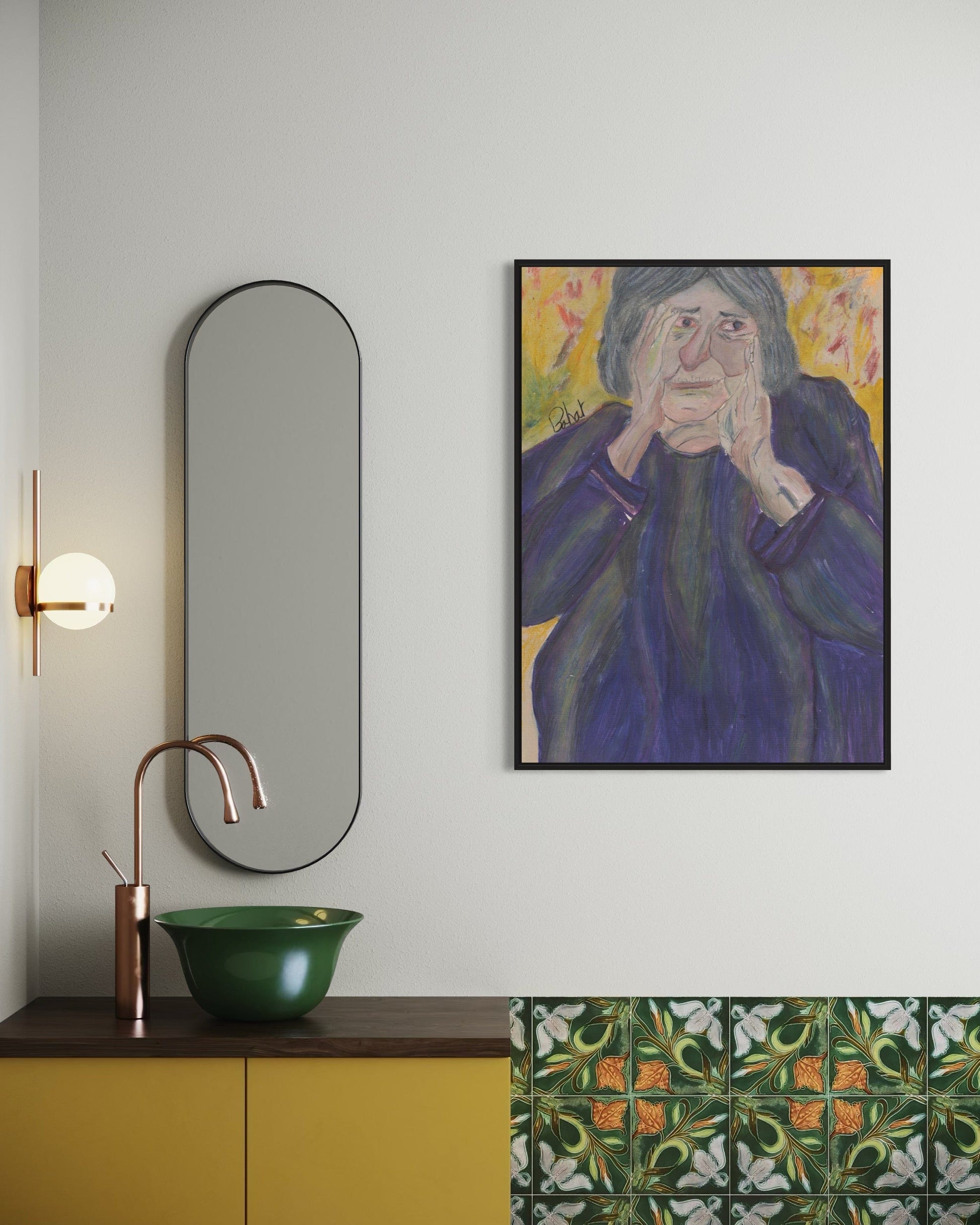 Bathroom interior with a mirror, sink, and wall art on a light gray wall.