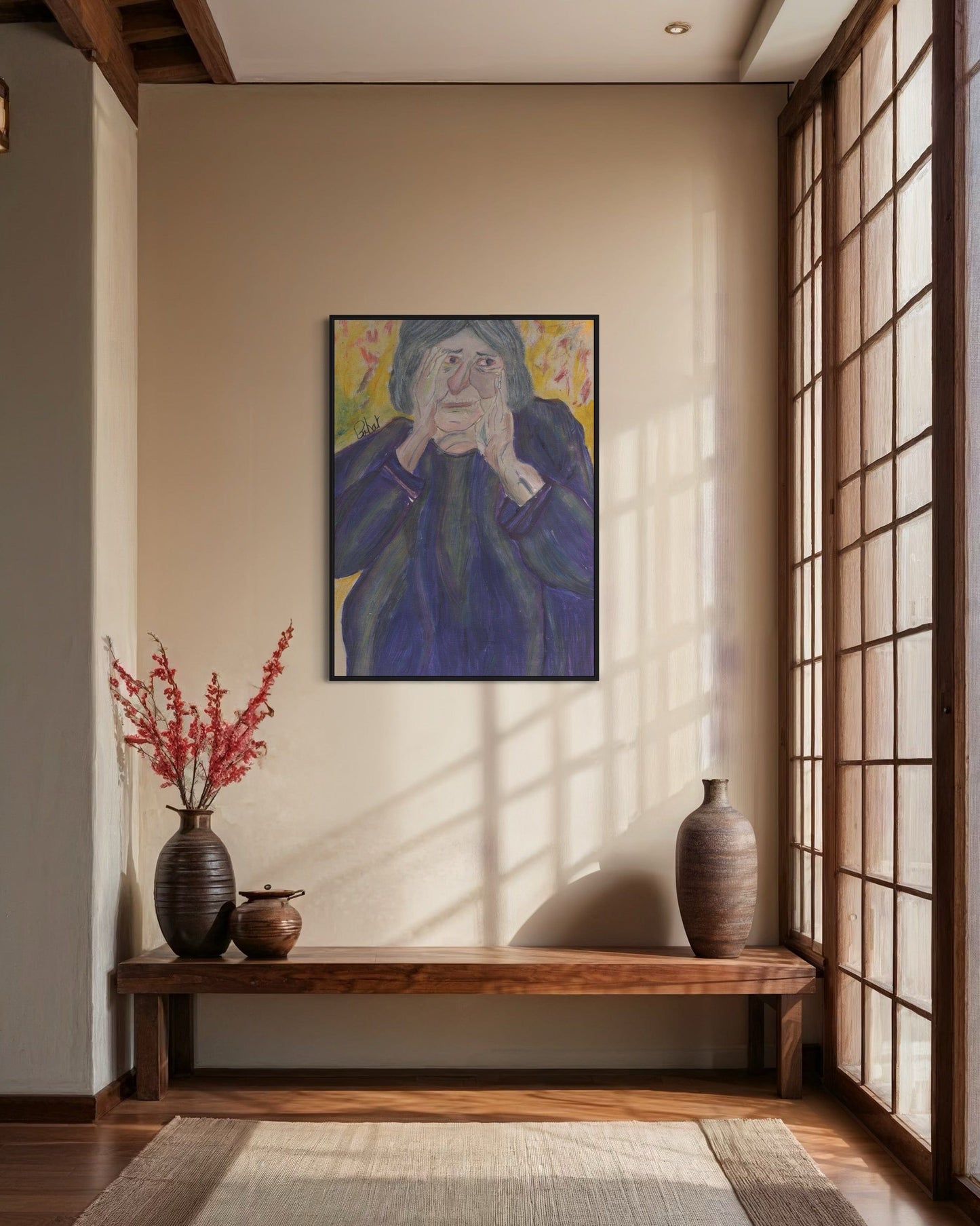 Room interior with a painting, vases, and a bench.