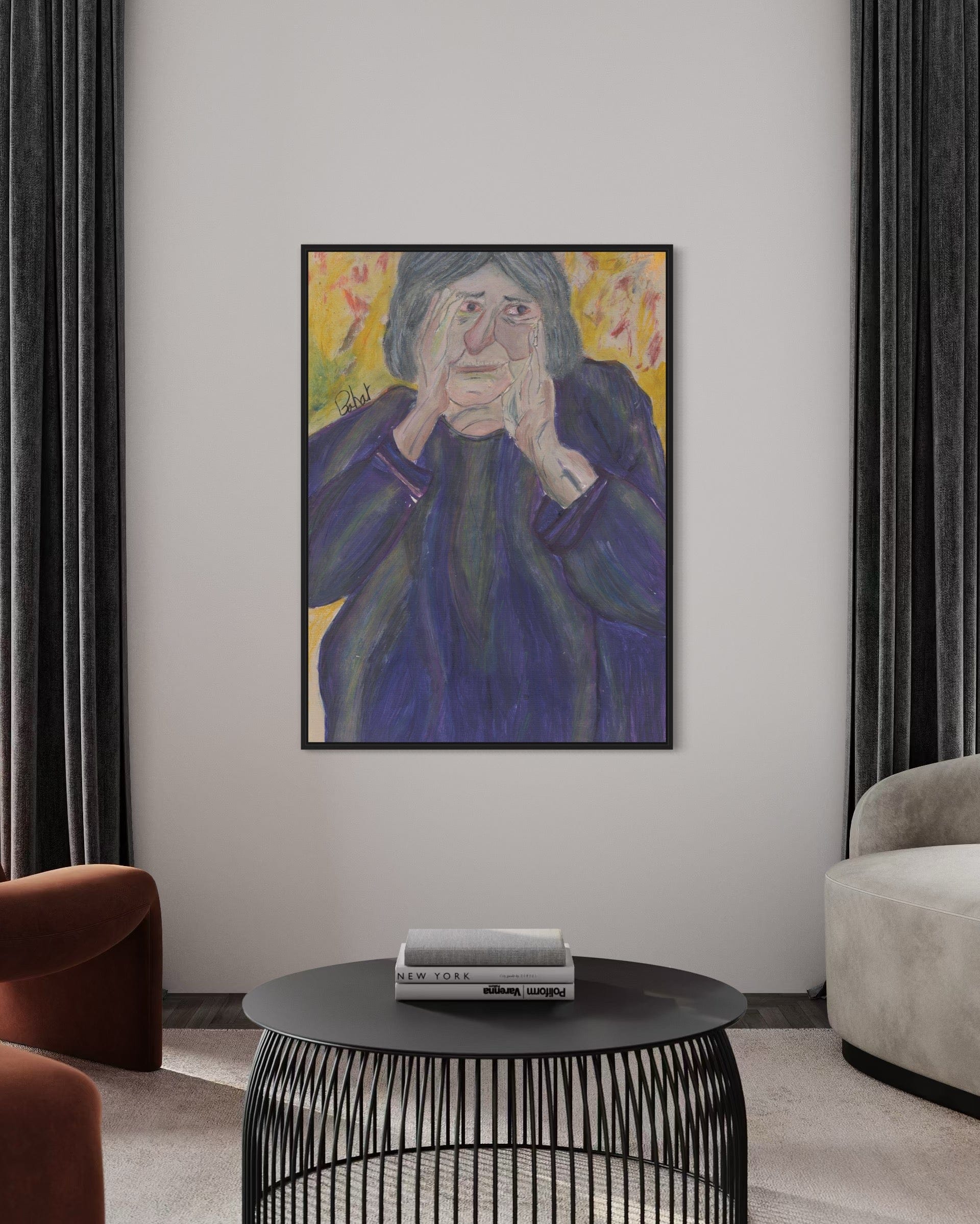 Framed painting of an elderly woman on a wall above a black coffee table in a living room.
