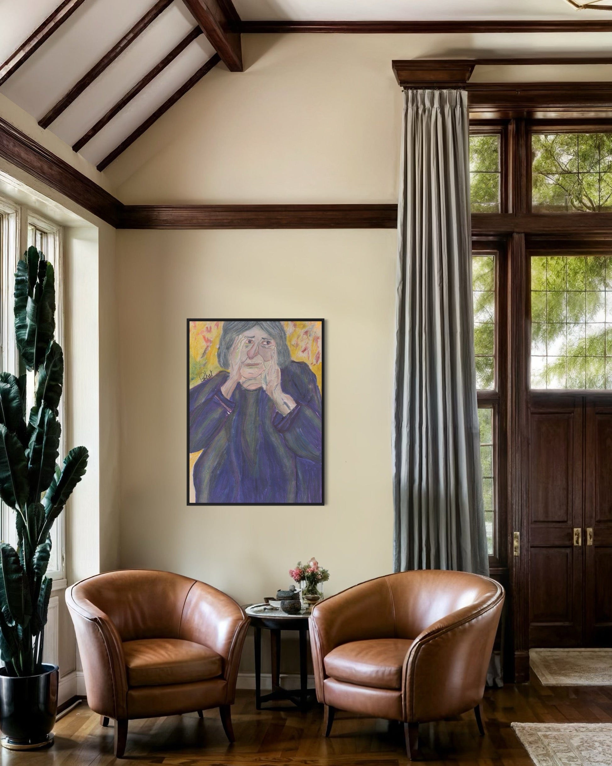 Living room with two brown leather chairs, a table with a vase, and a painting on the wall.