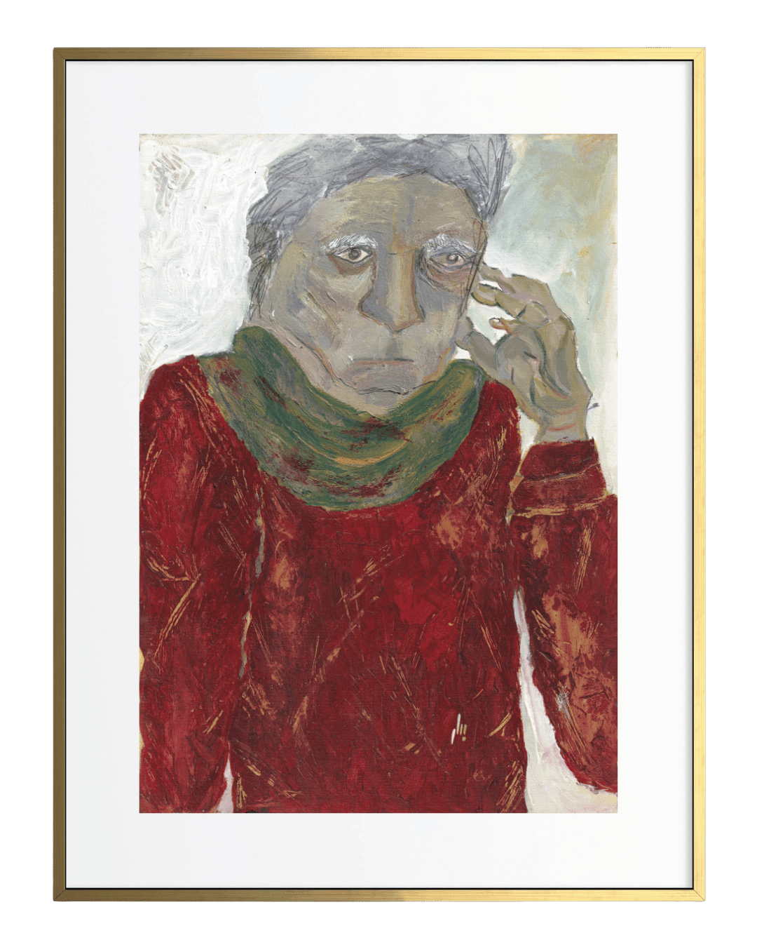 Framed artwork of a person wearing a red garment and green scarf.