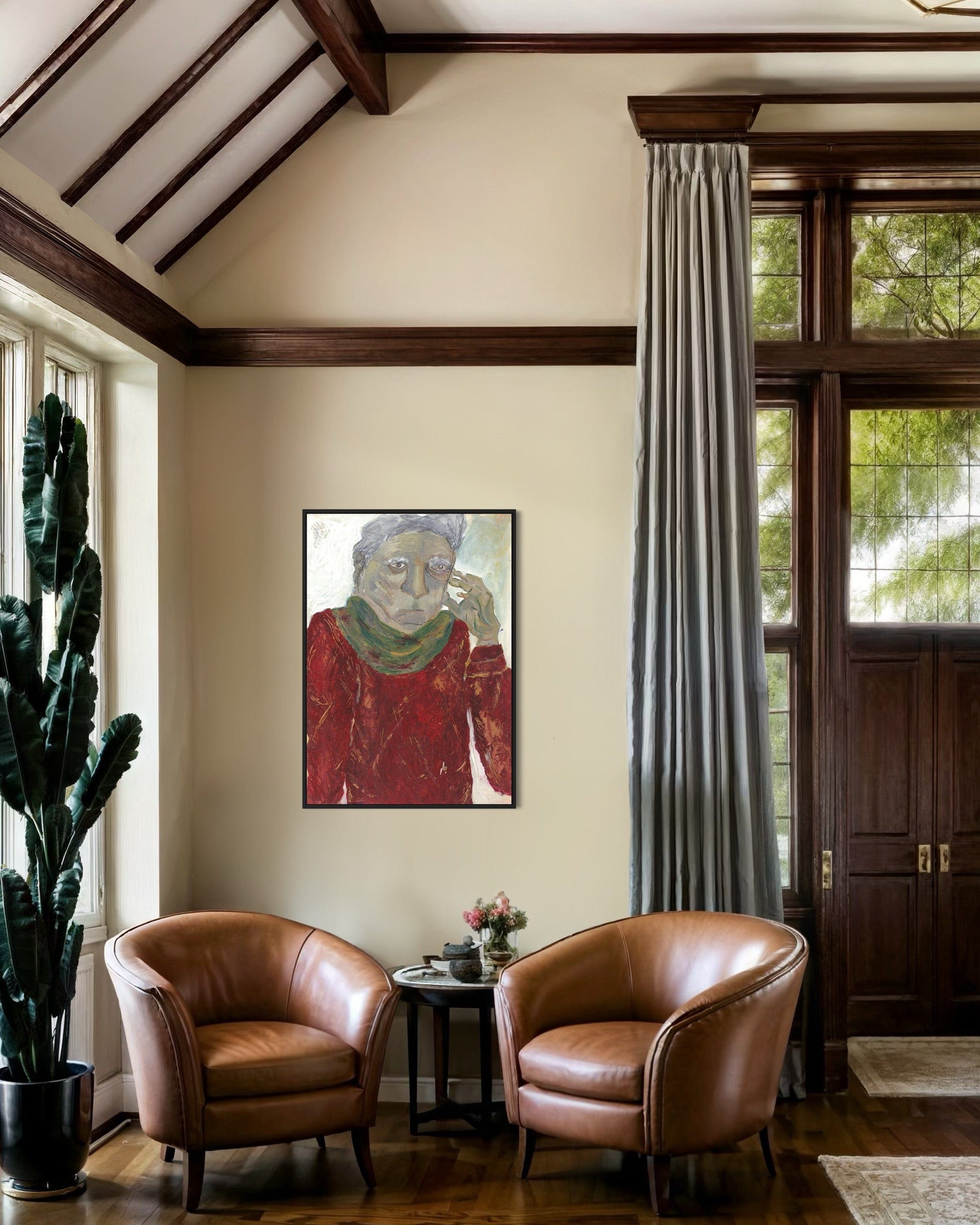 Living room with two brown leather chairs, a small table with a vase, and a painting on the wall.